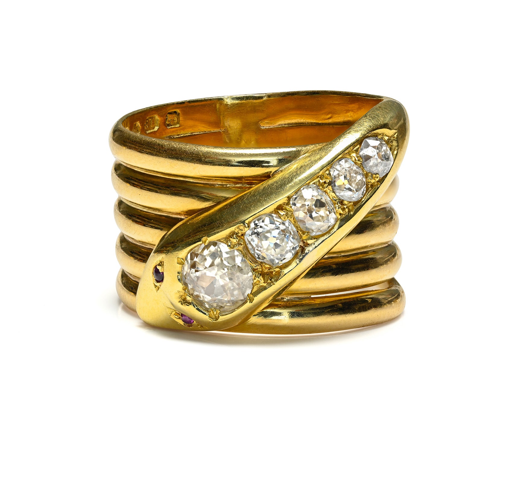 Victorian Diamond Ruby Snake Ring 18K Gold Men’s Wide Band