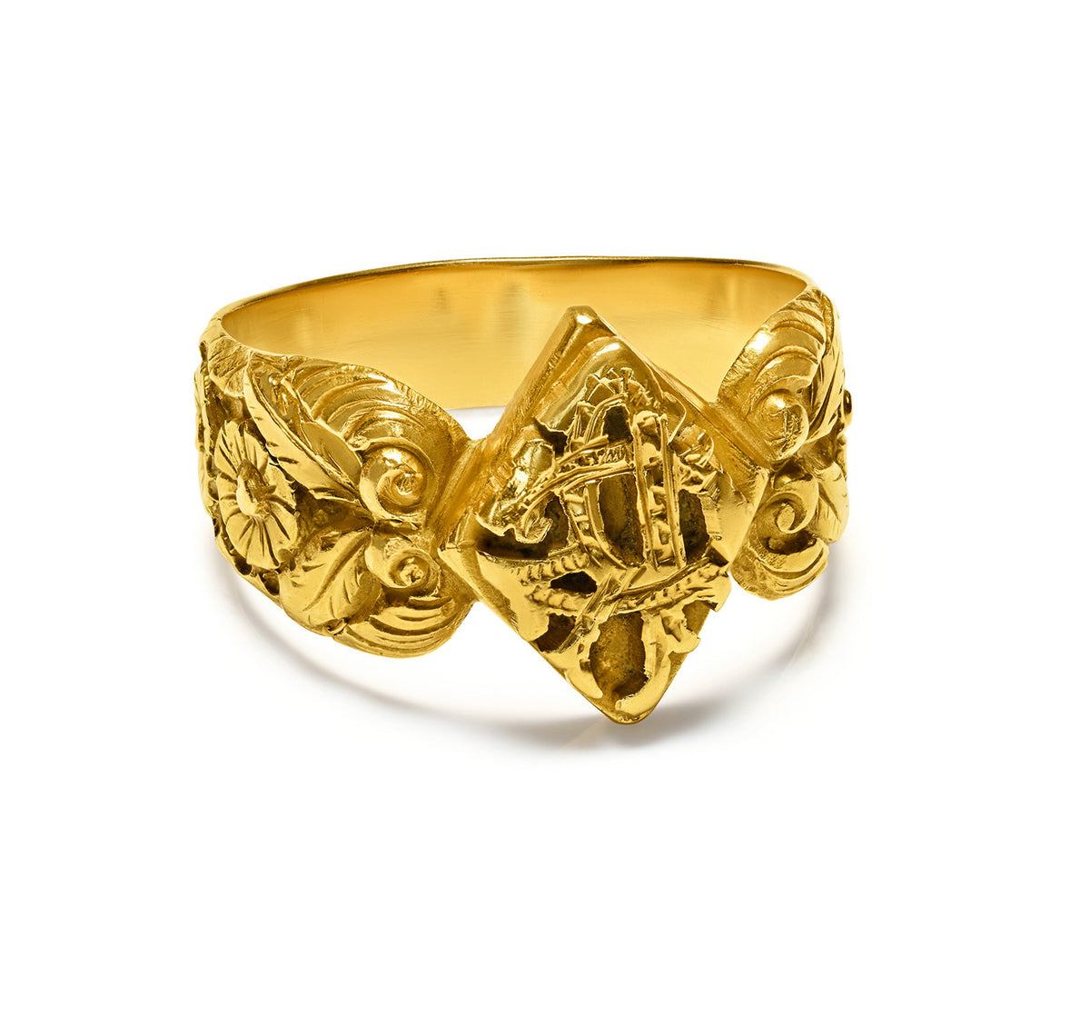 Antique Victorian 18K Yellow Gold Carved Floral Monogram Ring