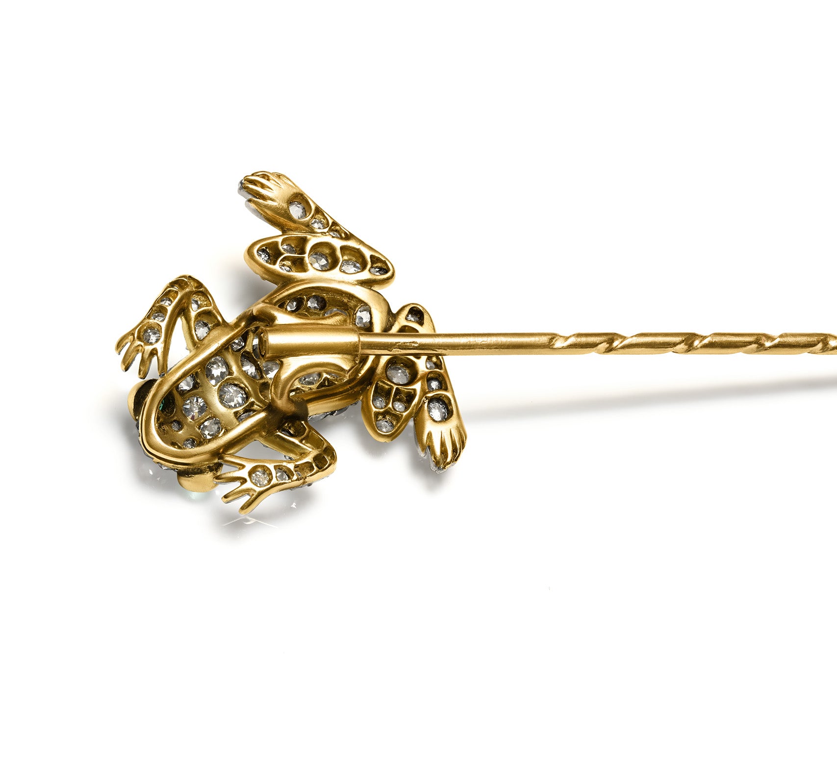 the back of Victorian Diamond and Emerald Frog Stick Pin in Platinum and Gold