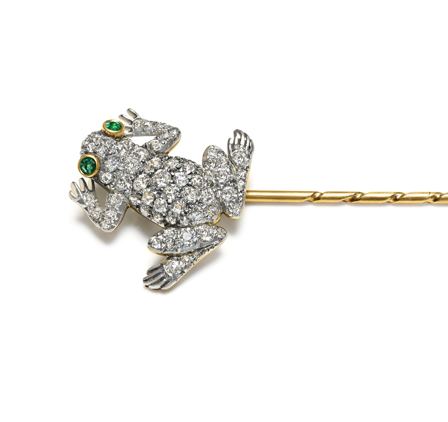 Diamond and Emerald Frog Stick Pin in Platinum and Gold Antique