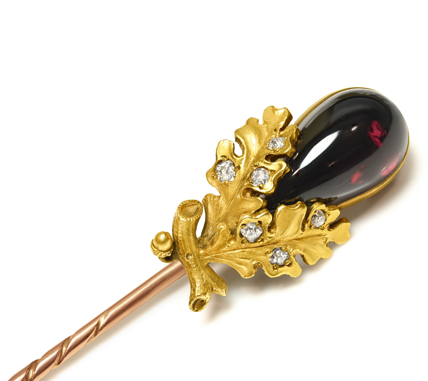 Victorian Gold Garnet Diamond Acorn and Oak Leaves Stick Pin