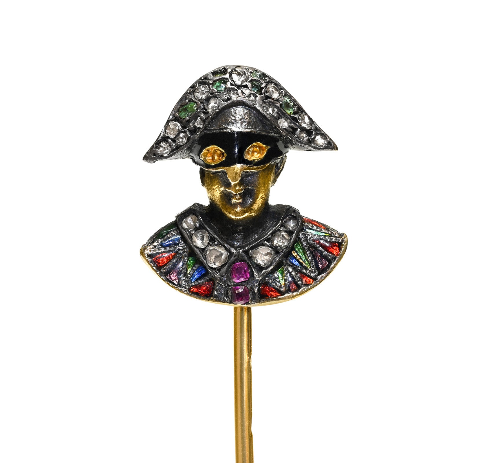 Diamond Ruby Enamel Gold Antique Harlequin Pin in Venetian Masquerade Motif