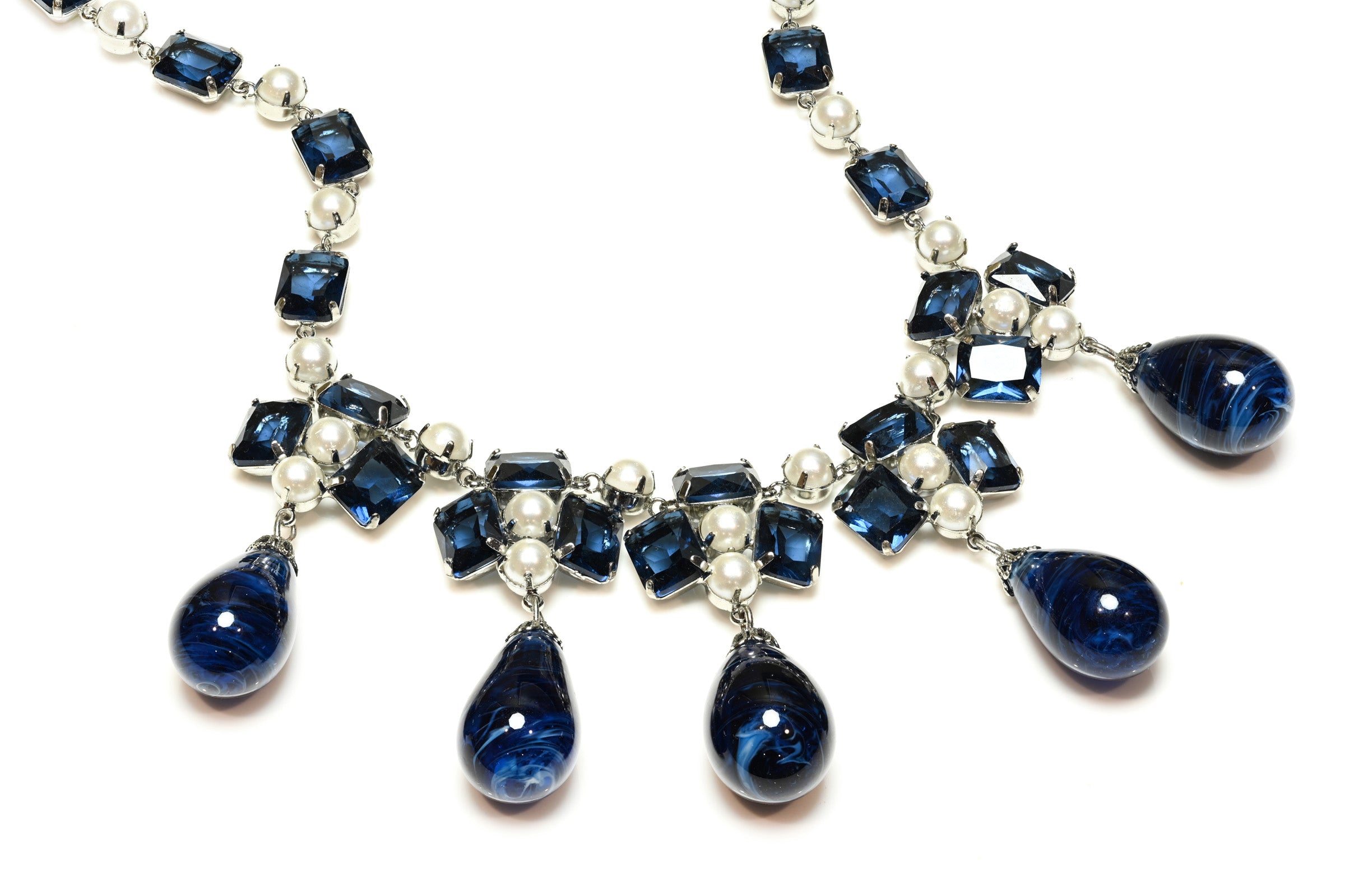 Vintage 1963 Henkel & Grosse Germany Blue Glass Crystal Pearl Necklace