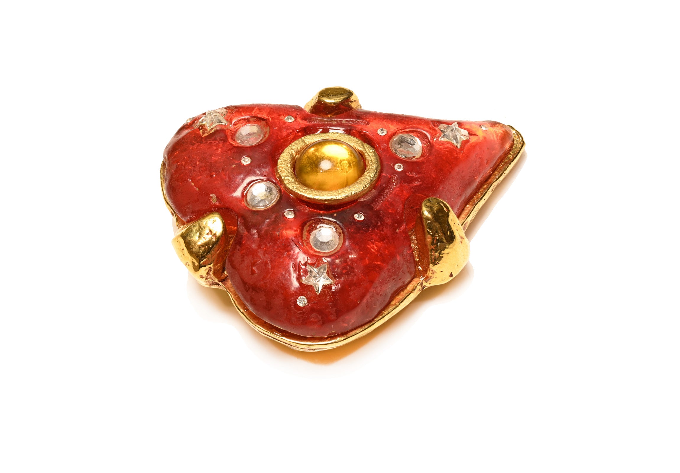 Vintage 1980's Kalinger Paris Red Orange Resin Heart Brooch