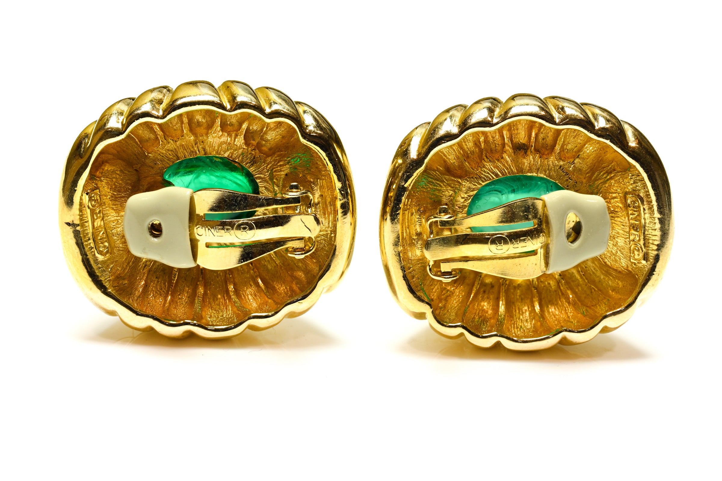 Vintage Ciner Gold Plated Green Cabochon Glass Crystal Earrings 2