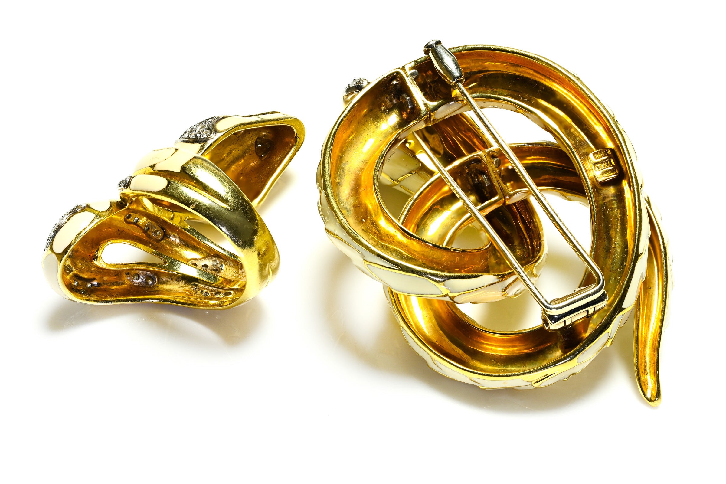 Vintage 18K Gold Enamel Ruby Diamond Snake Ring and Brooch Set