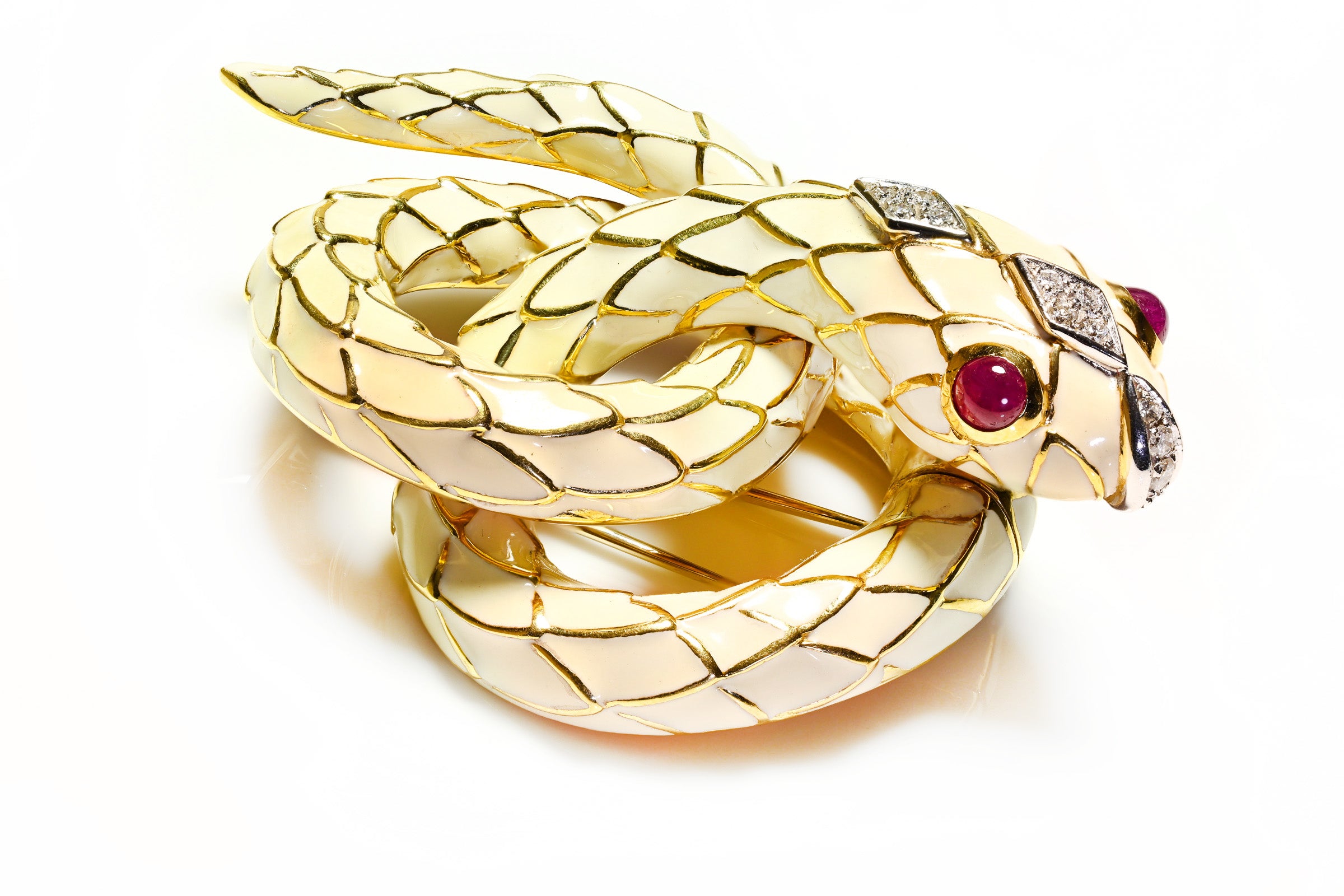 18K Gold Enamel Ruby Diamond Snake Brooch