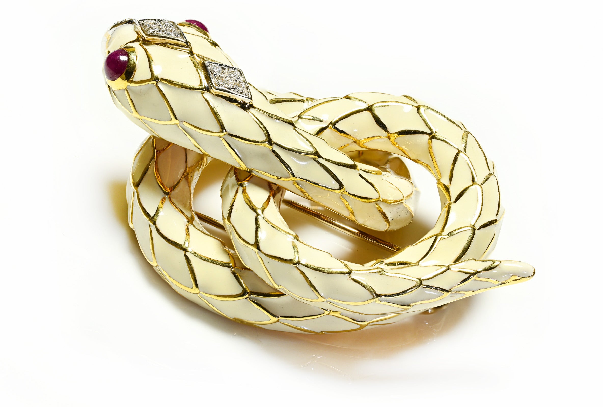 Vintage 18K Gold Enamel Ruby Diamond Snake Brooch