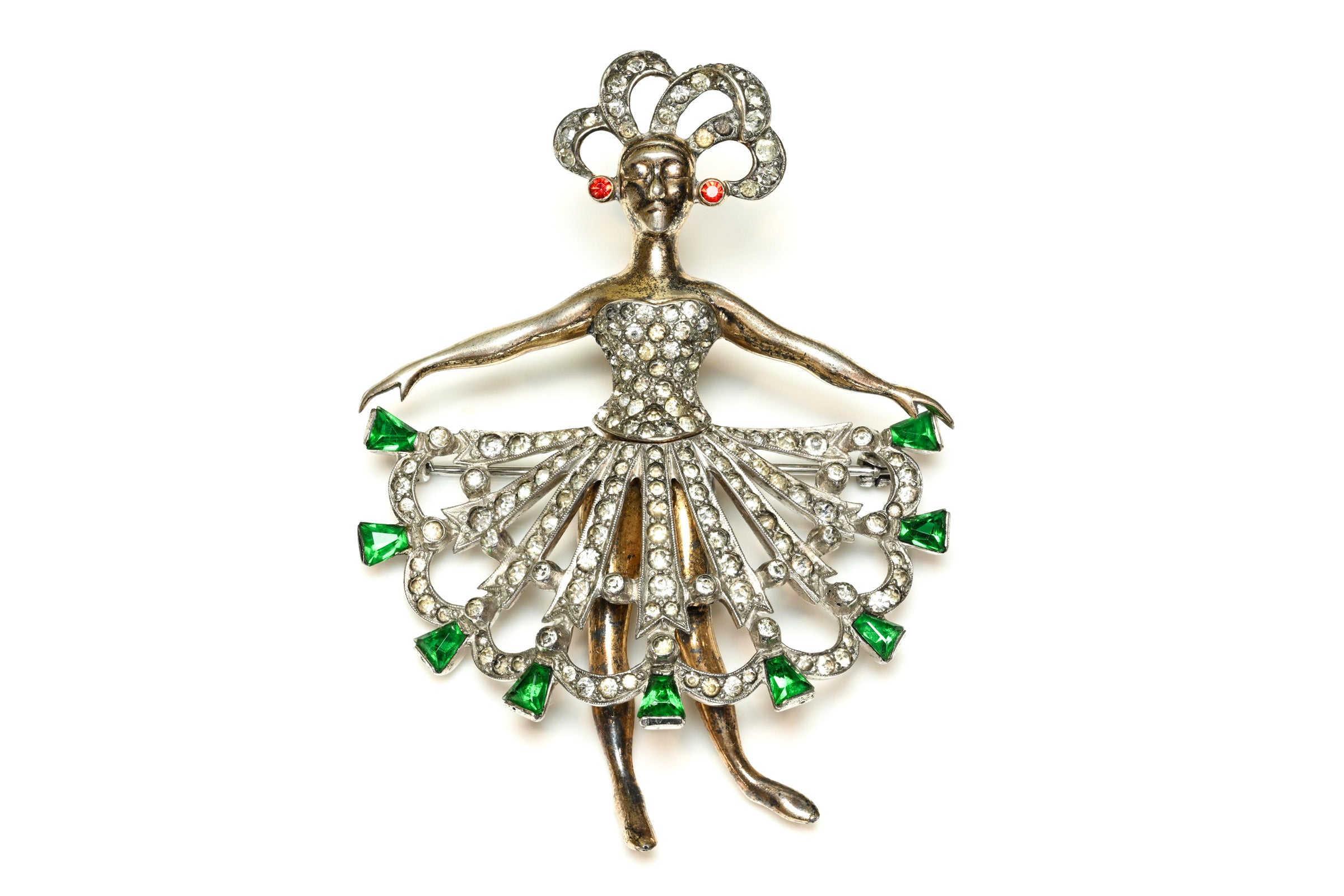 Vintage 1940's Mazer Sterling Silver Green Crystal Dancer Brooch