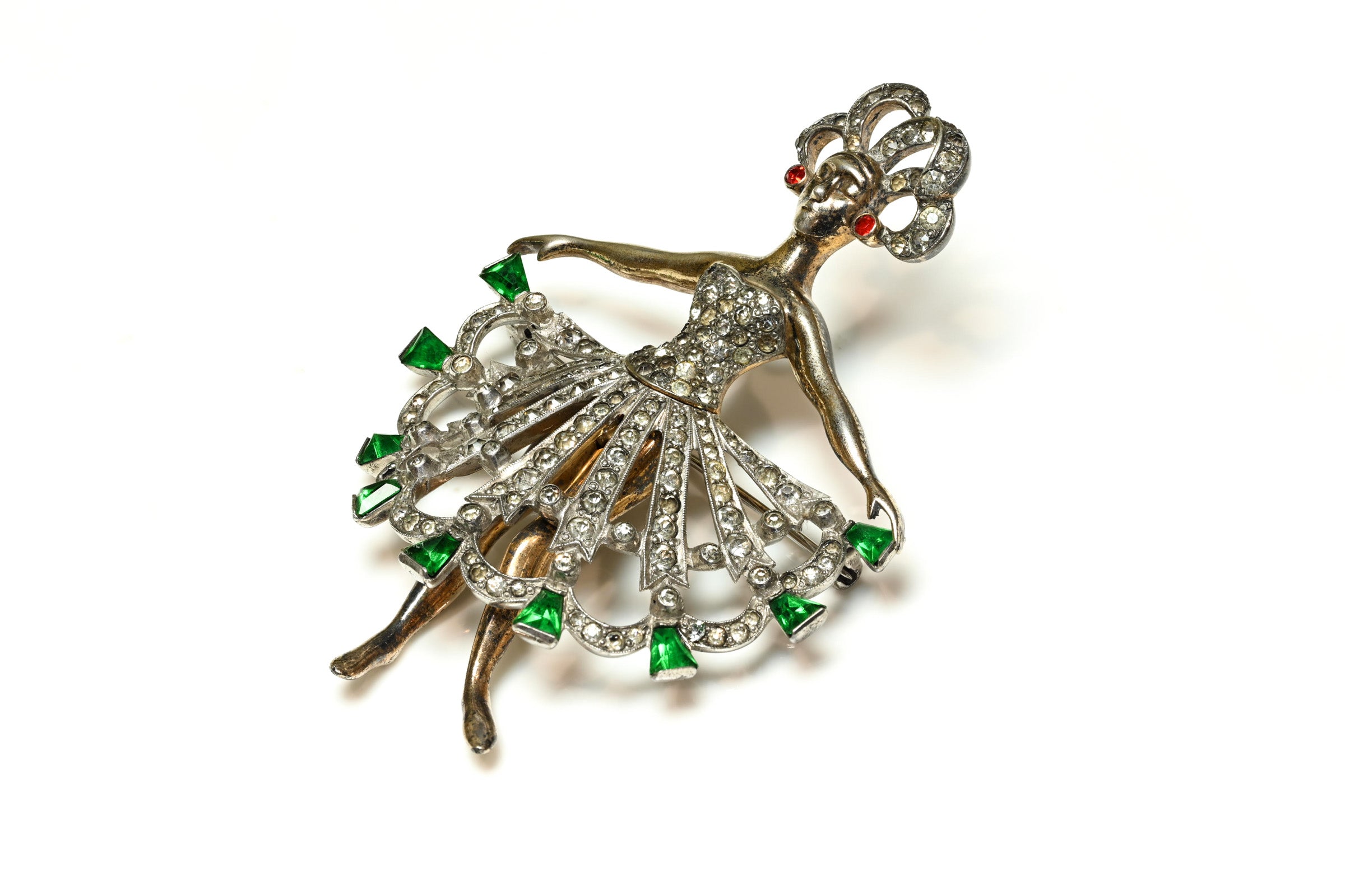Vintage 1940's Mazer Sterling Silver Green Crystal Dancer Brooch 1