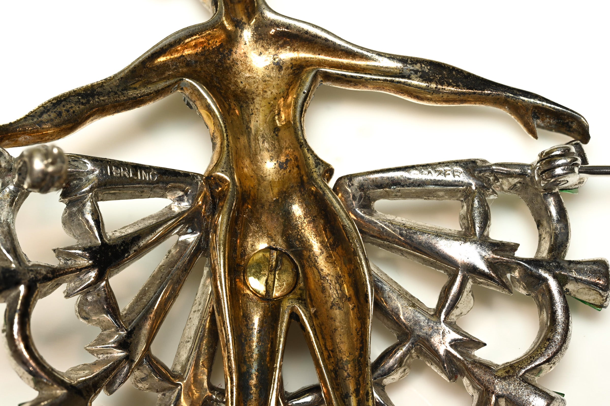 Vintage 1940's Mazer Sterling Silver Green Crystal Dancer Brooch 3