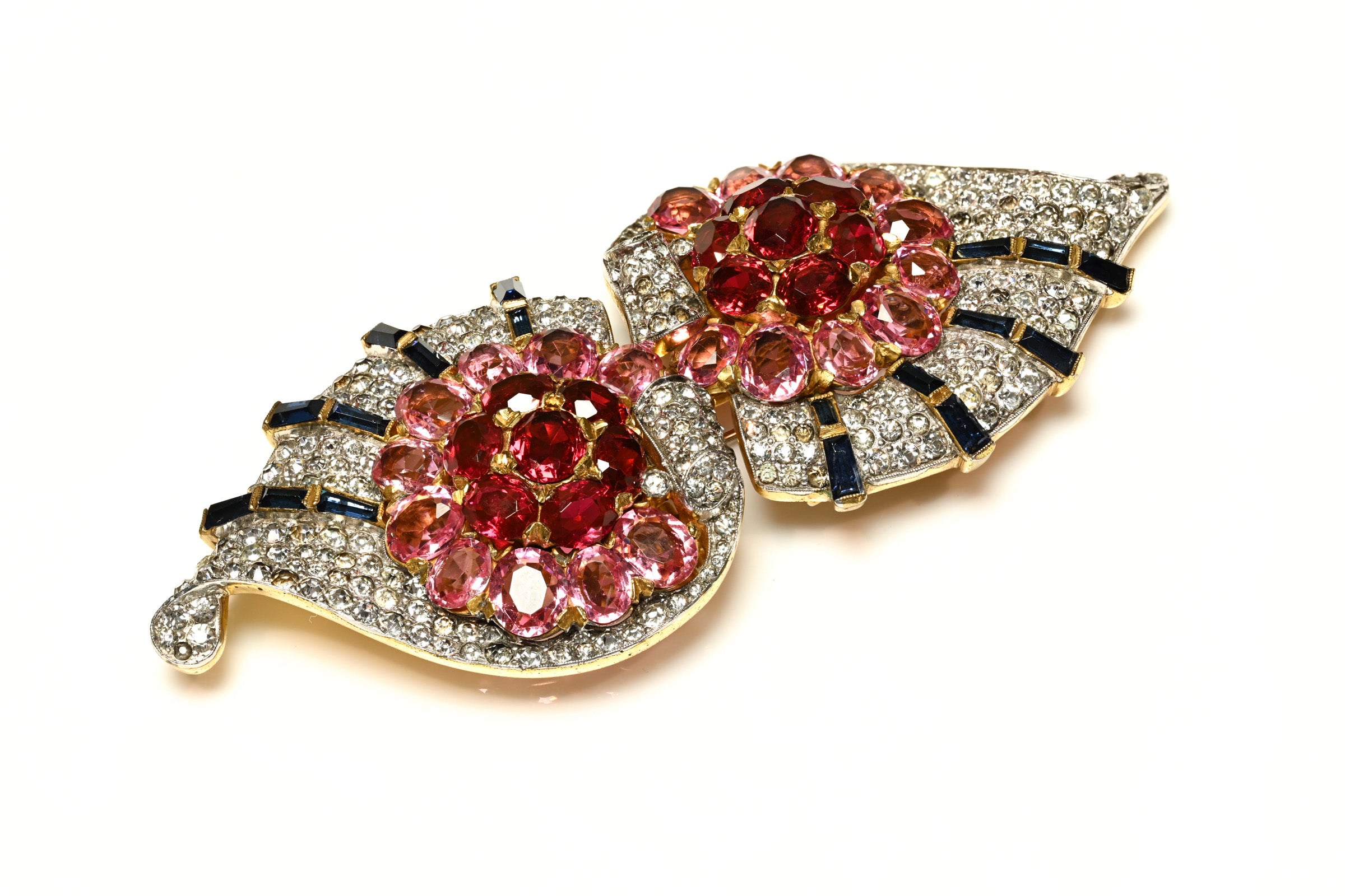 Vintage 1940's Trifari Alfred Philippe Pink Blue Crystal Double Clip Brooch 2
