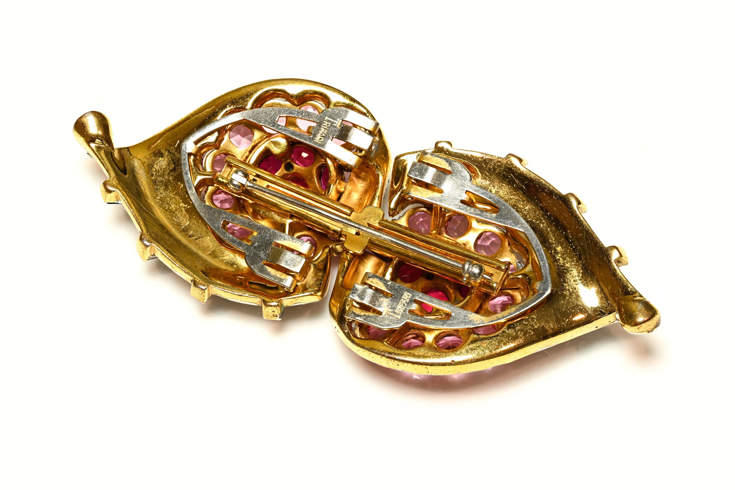 Vintage 1940's Trifari Alfred Philippe Pink Blue Crystal Double Clip Brooch 3