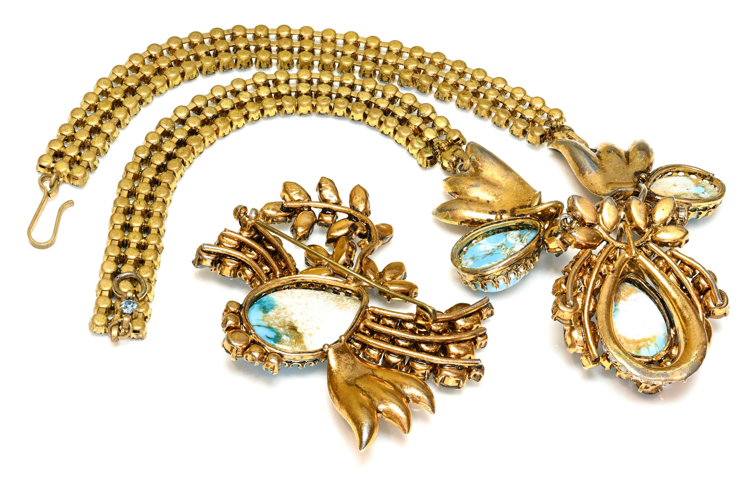 Vintage 1950's Austria Faux Turquoise Glass Crystal Necklace Brooch Set 2
