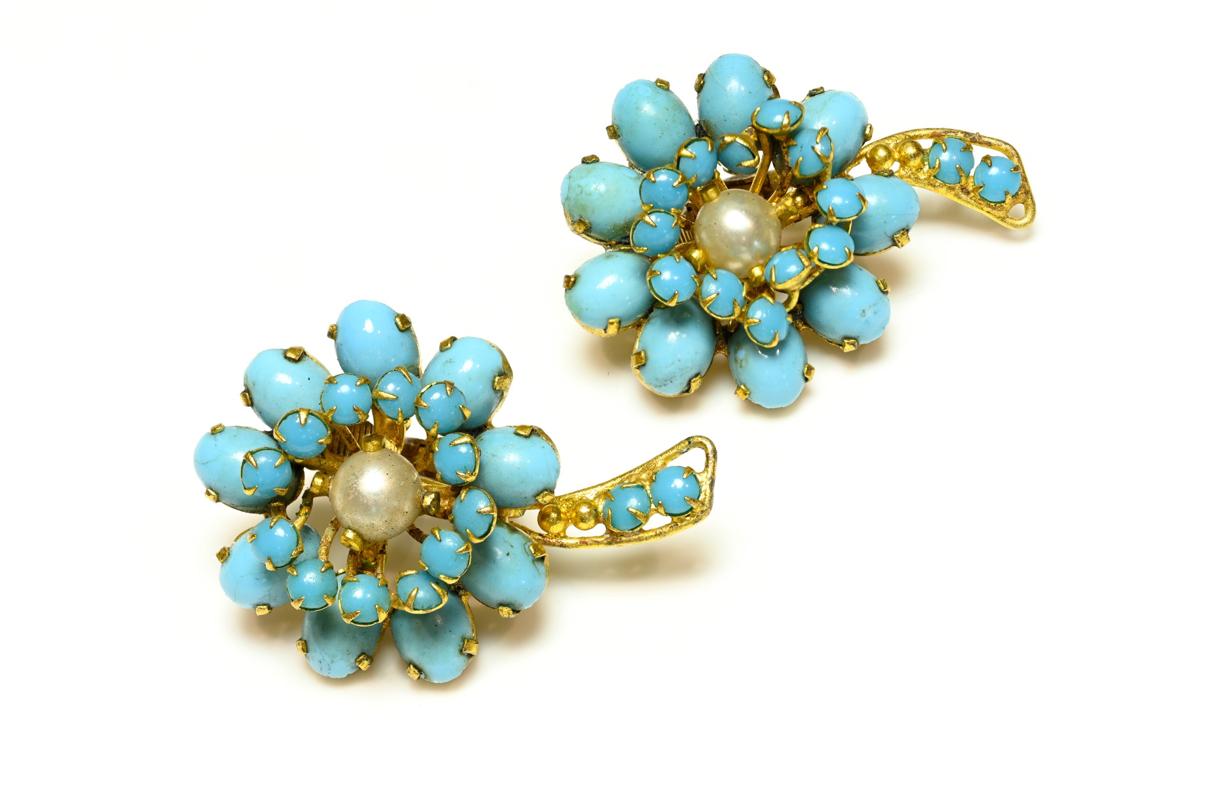 Vintage 1950's Christian Dior Paris Blue Glass Pearl Flower Earrings 1