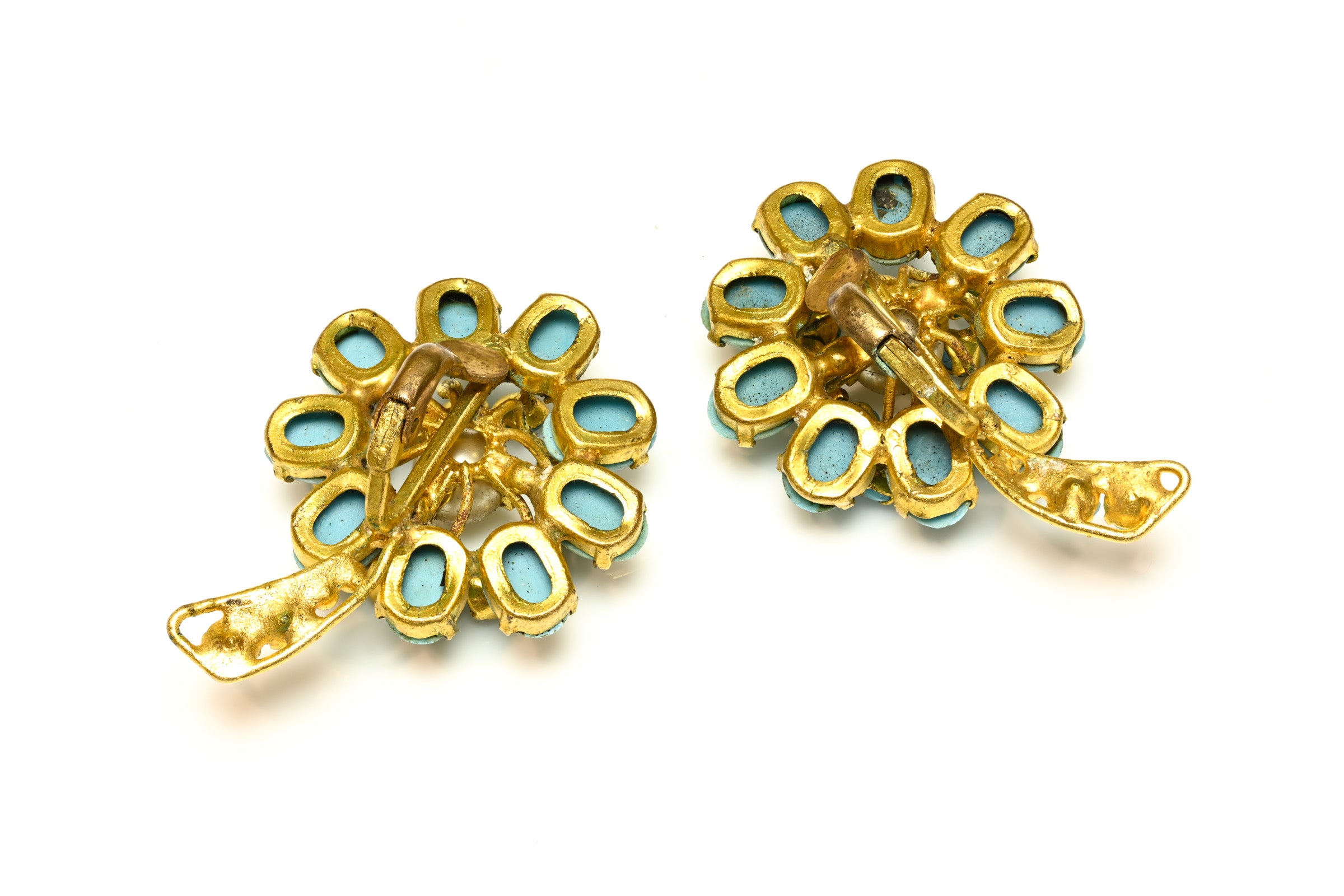 Vintage 1950's Christian Dior Paris Blue Glass Pearl Flower Earrings 2
