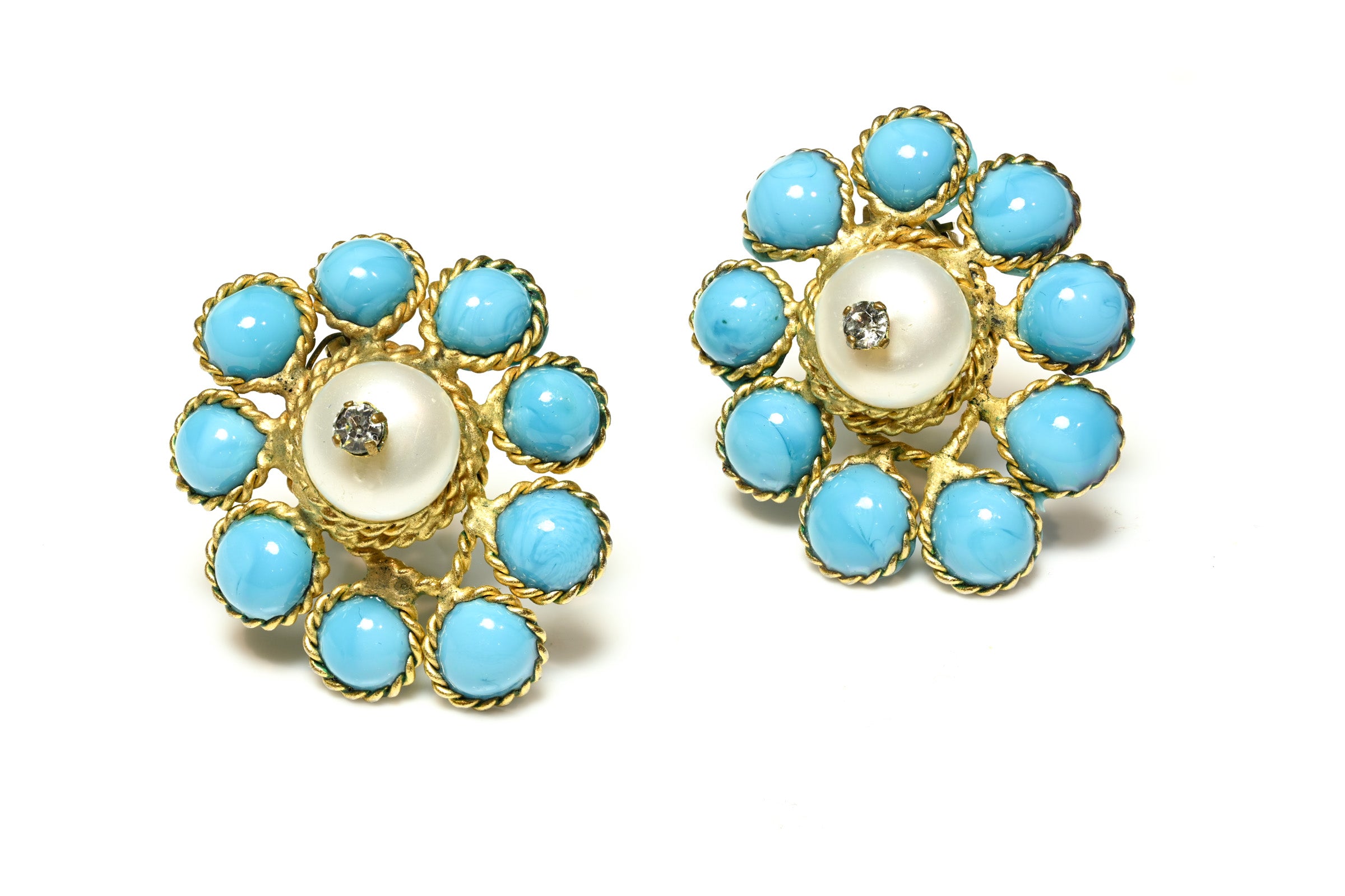 Vintage 1950's Coco Chanel Gripoix Blue Glass Pearl Camellia Earrings