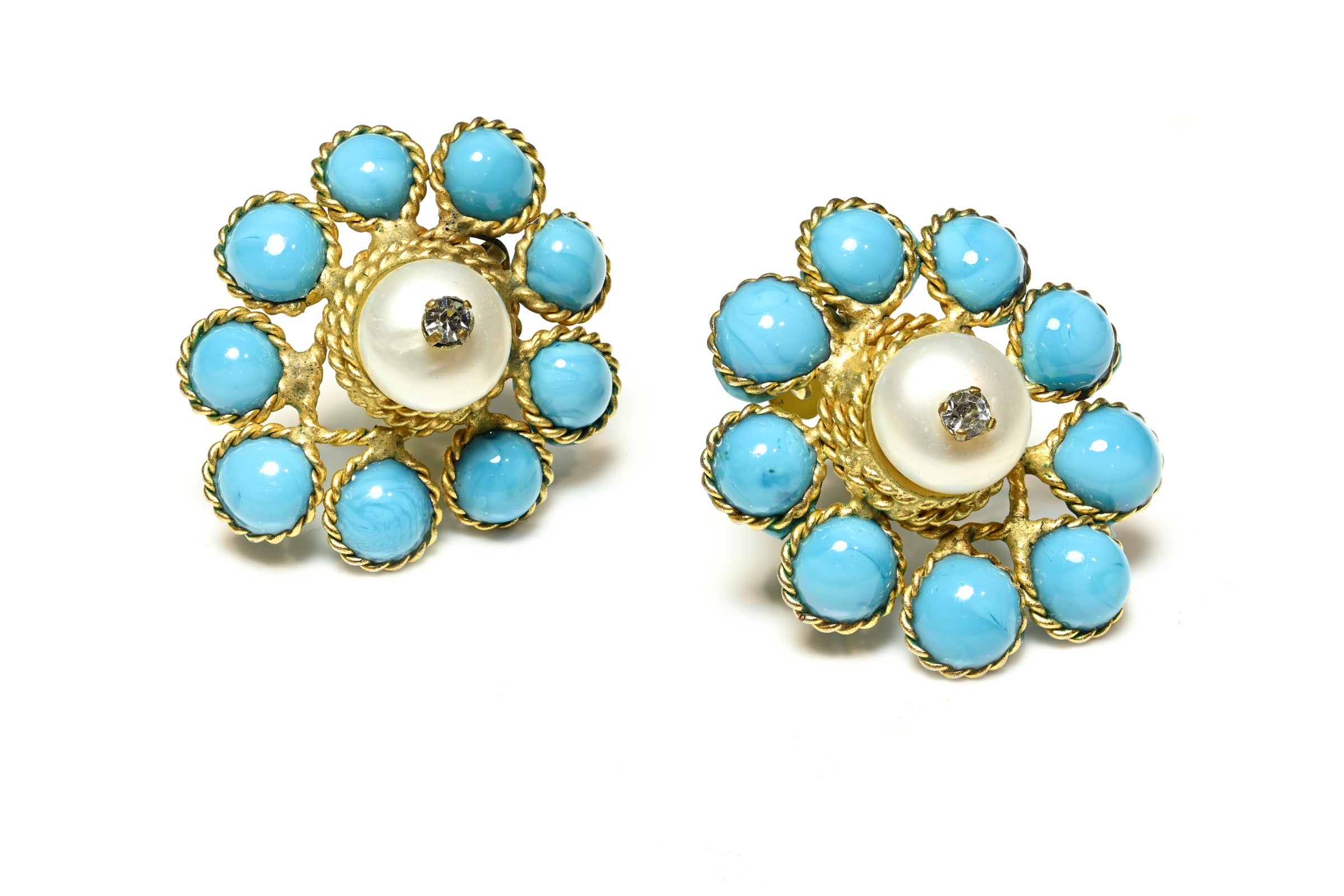 Vintage 1950's Coco Chanel Gripoix Blue Glass Pearl Camellia Earrings 1
