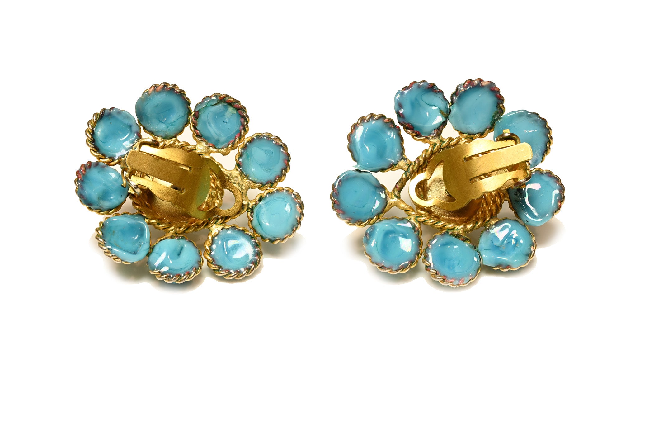 Vintage 1950's Coco Chanel Gripoix Blue Glass Pearl Camellia Earrings 2