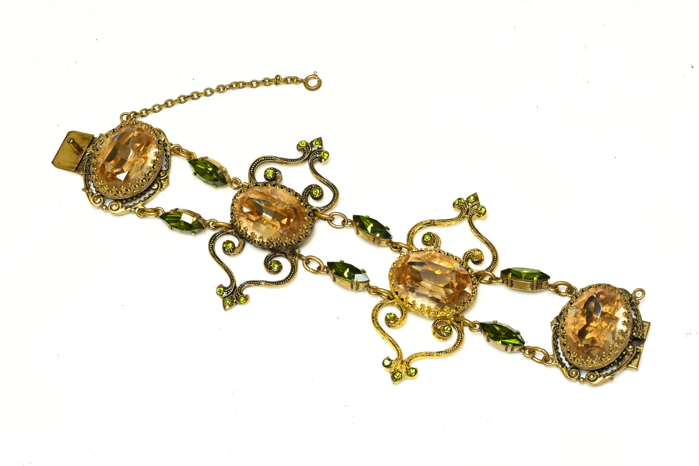 Vintage 1950's French Green Brown Crystal Chain Bracelet 4