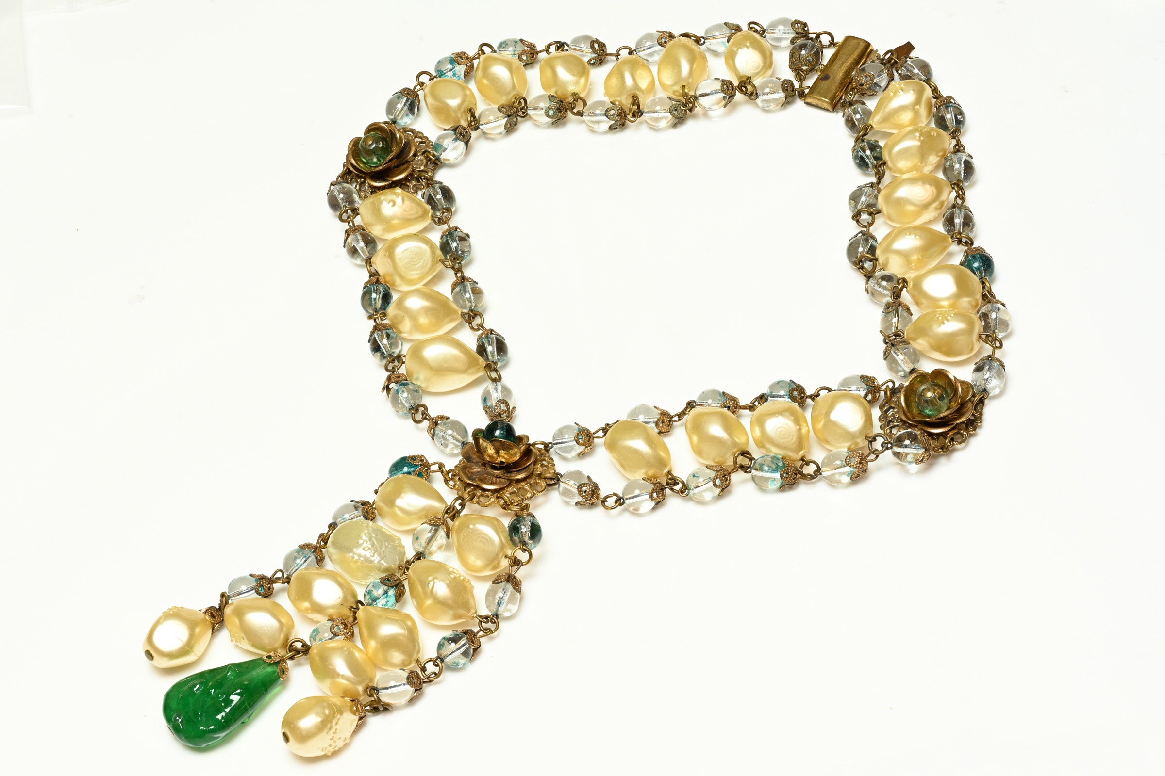 Vintage 1950's Leo Glass Flower Pearls Green Glass Tassel Necklace