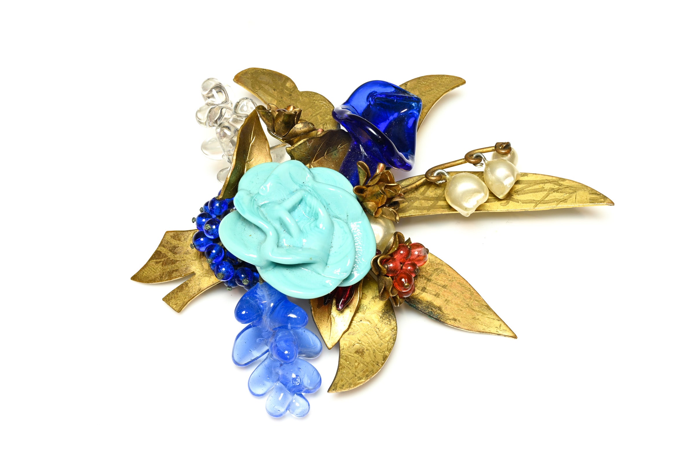 Vintage 1950's Louis Rousselet Paris Blue Red Glass Pearl Flower Brooch 1