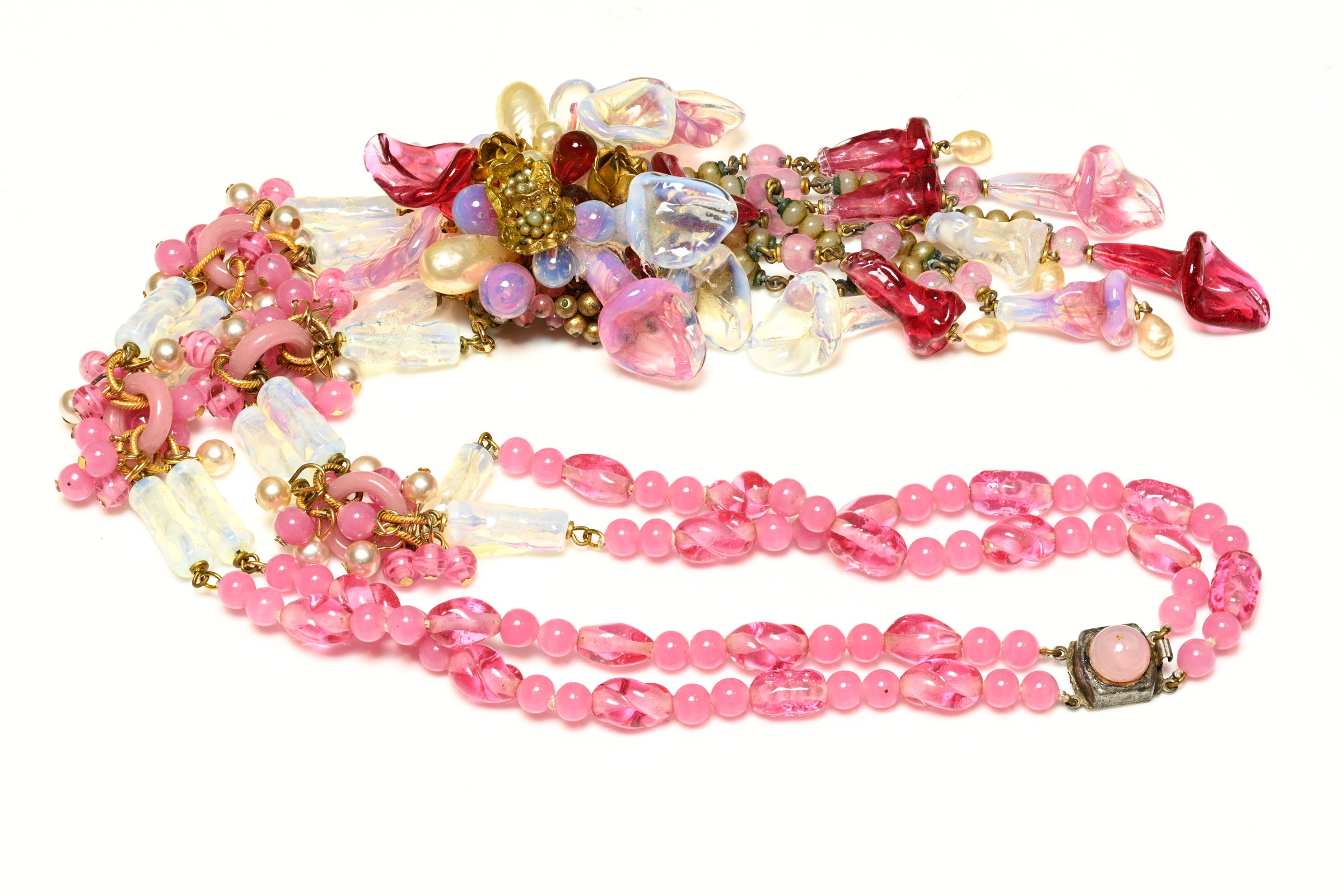 Vintage 1950's Louis Rousselet Paris Pink Glass Beads Flower Necklace 2