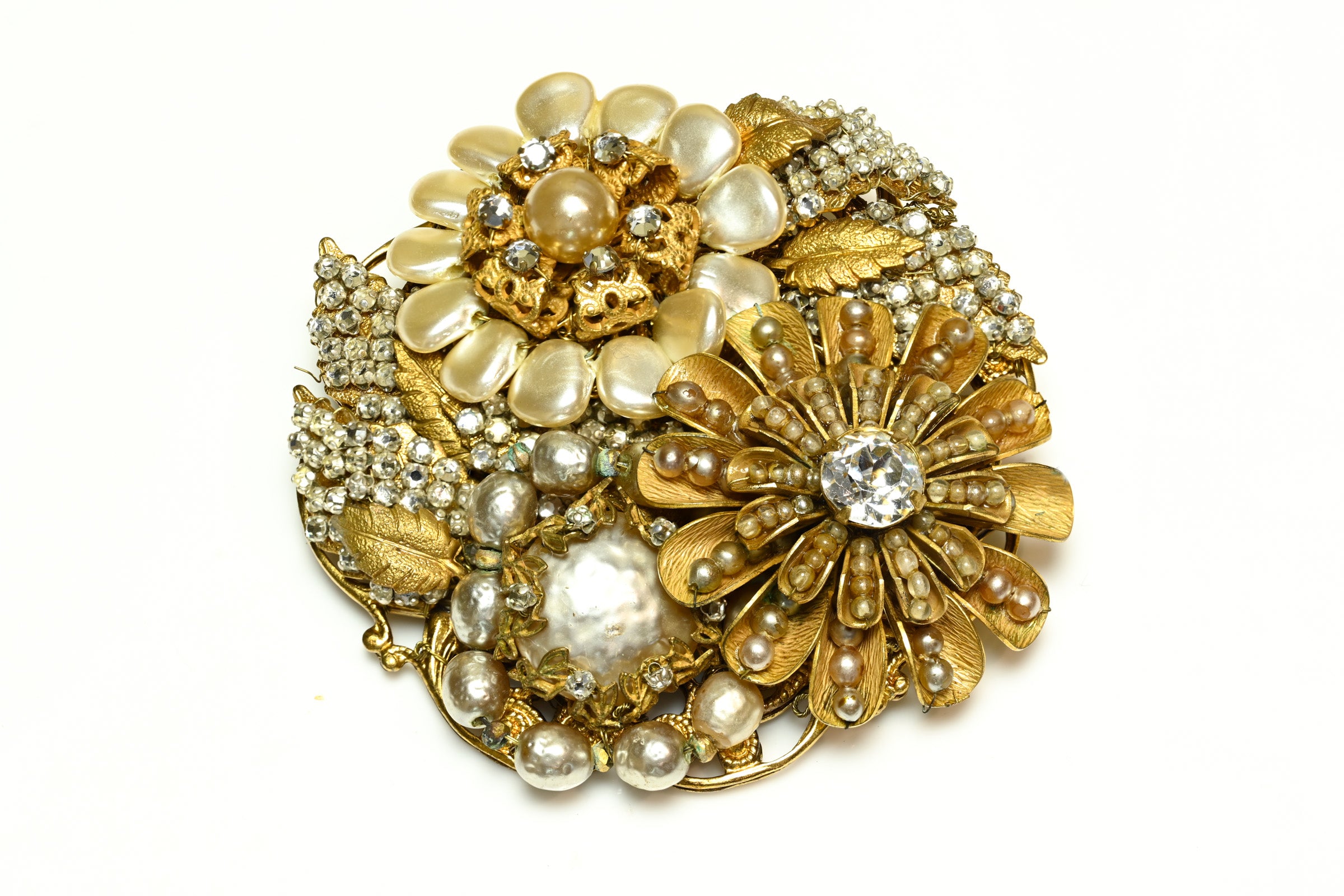 Vintage 1950's Miriam Haskell Pearl Crystal Flower Large Brooch