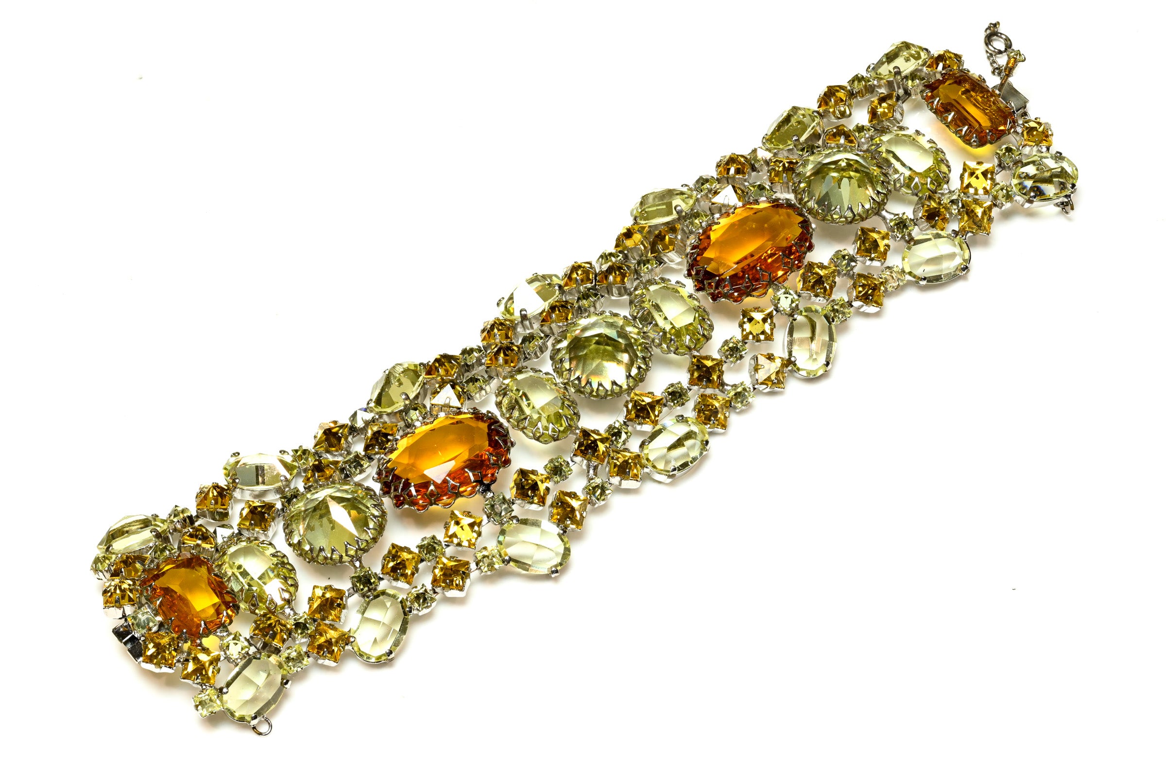 Vintage 1950's Schreiner NY Brown Green Crystal Wide Bracelet 1