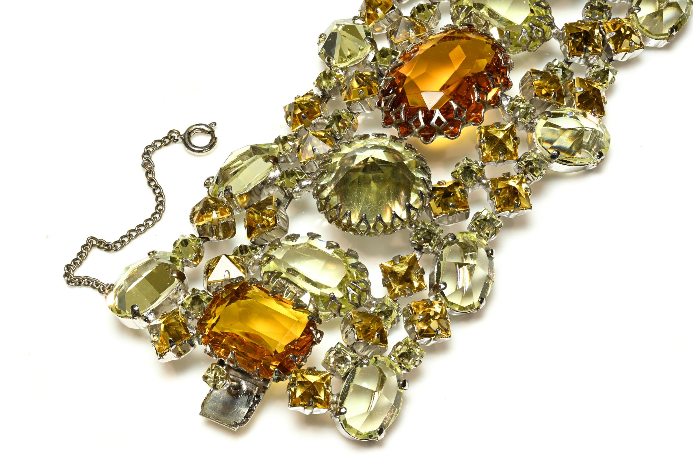 Vintage 1950's Schreiner NY Brown Green Crystal Wide Bracelet 4