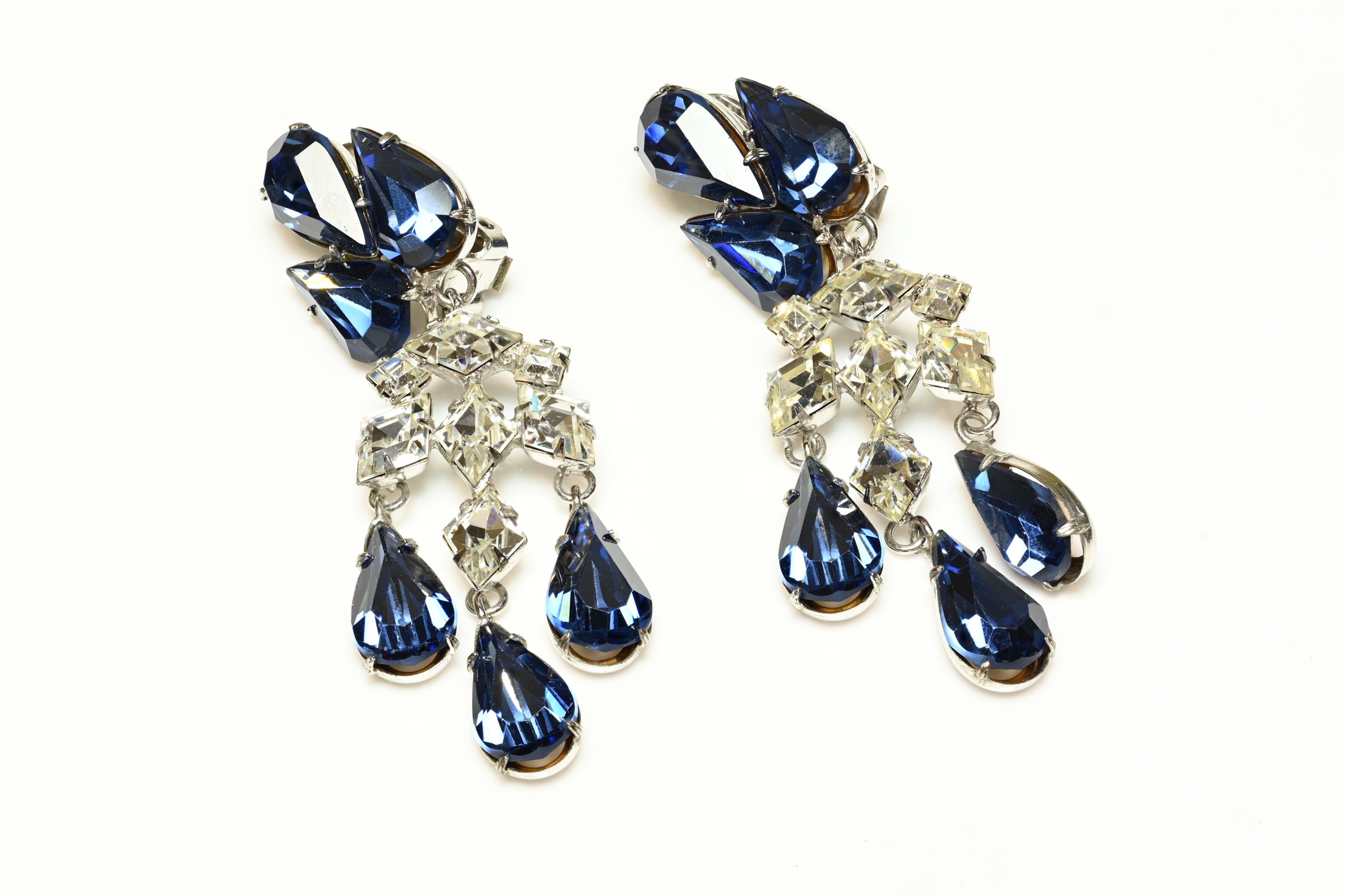 Vintage 1950's Schreiner NY Long Blue Crystal Earrings 2