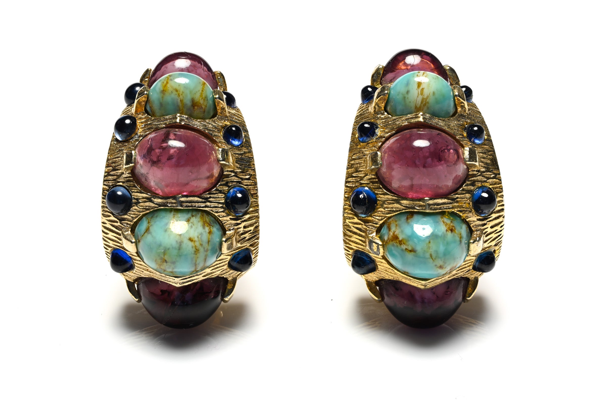 Vintage 1954 Marcel Boucher Blue Purple Cabochon Glass Earrings Set