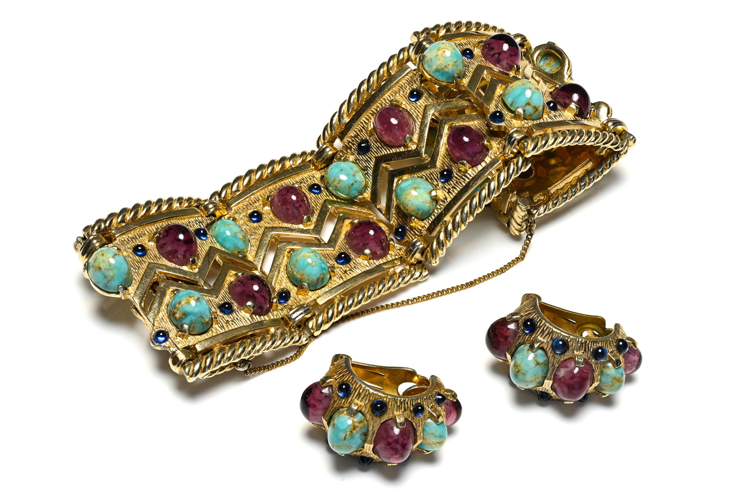 Vintage 1954 Marcel Boucher Blue Purple Cabochon Glass Set