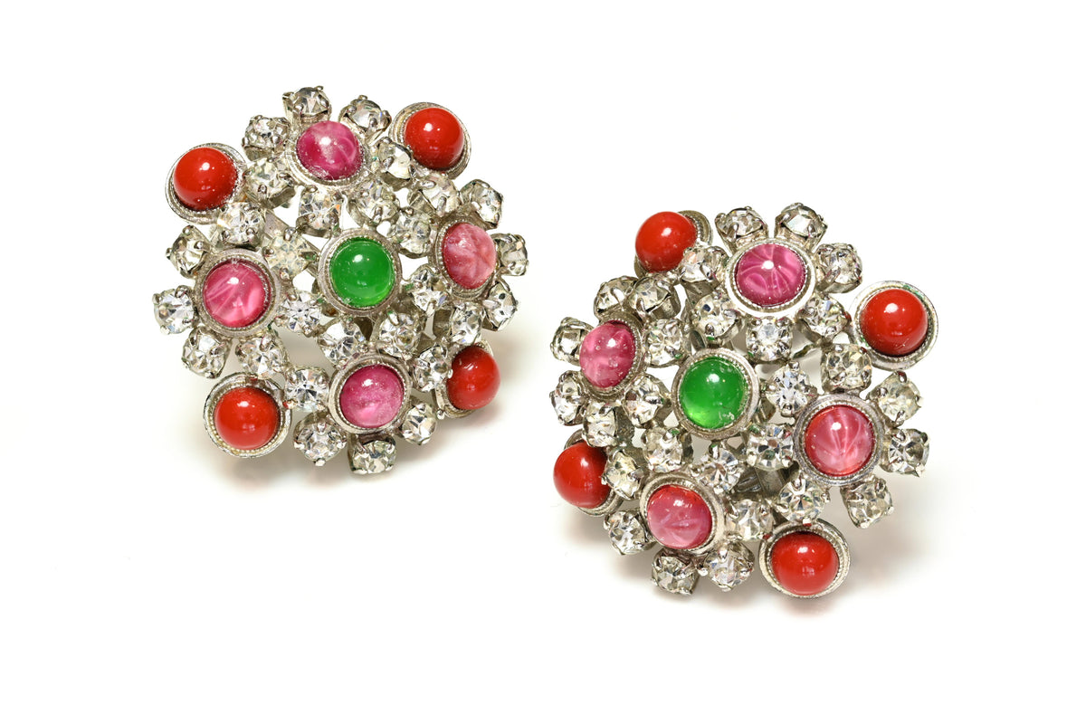 Vintage 1967 Christian Dior Germany Green Red Pink Crystal Earrings 1