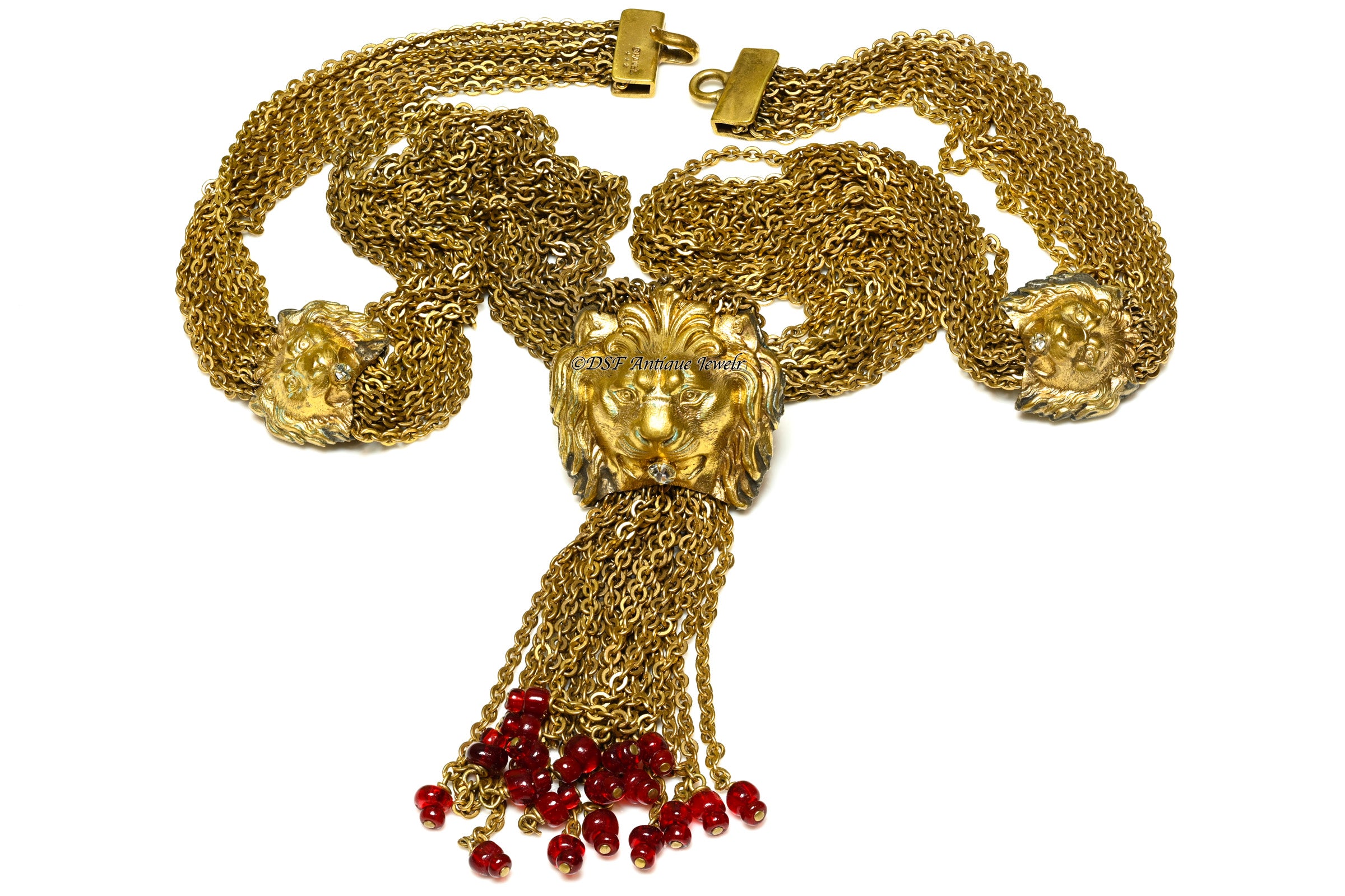 Vintage 1969 Coco Chanel Couture Gripoix Red Glass Lion Chain Necklace