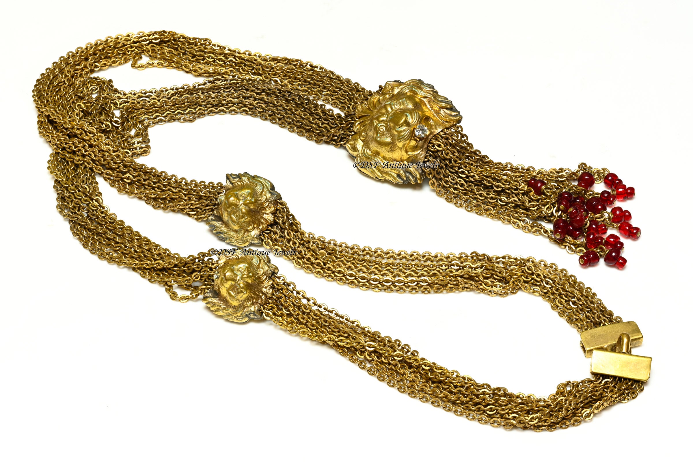 Vintage 1969 Coco Chanel Couture Gripoix Red Glass Lion Chain Necklace 2