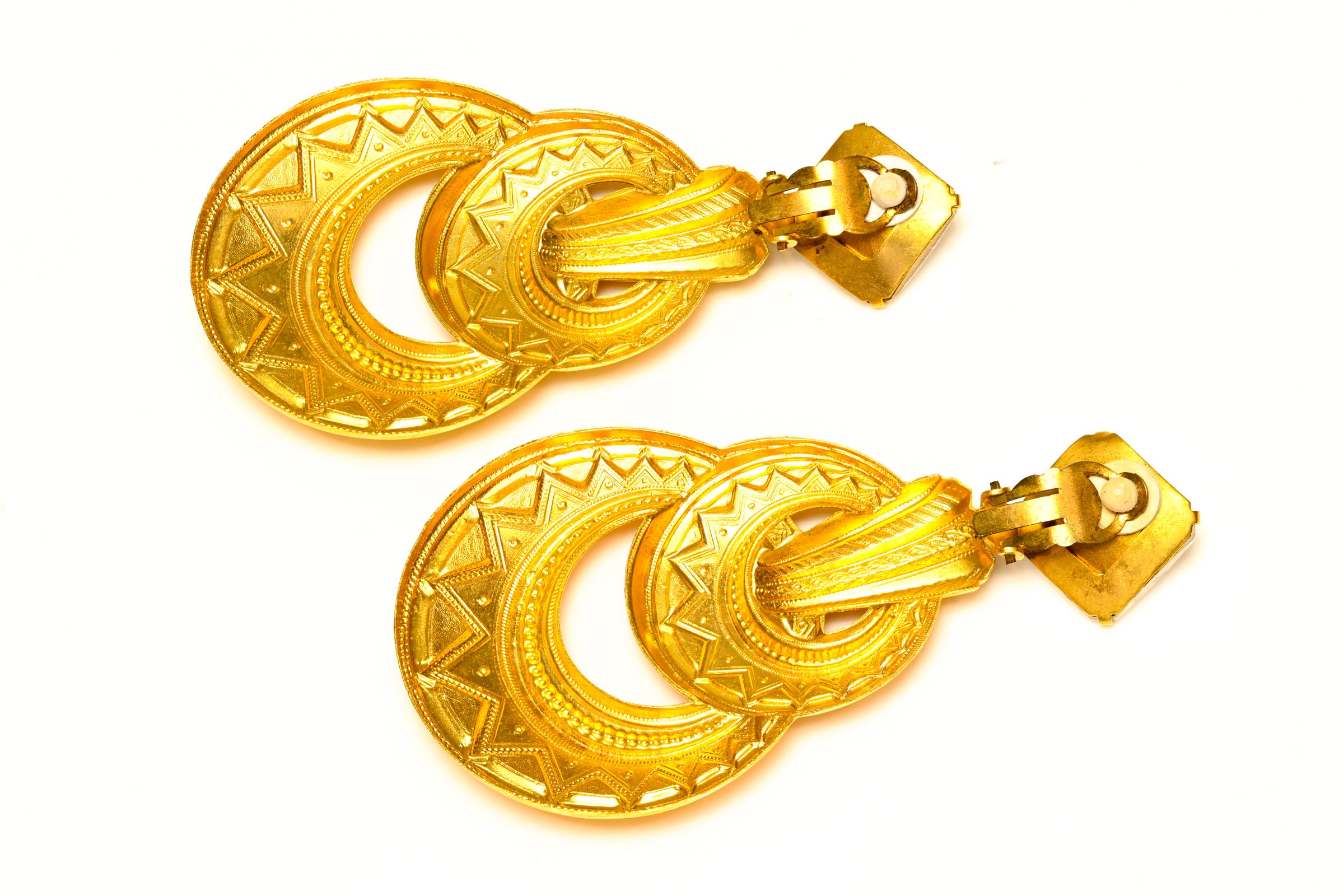 Vintage 1980's French Gold Plated Headlight Crystal Hoop Earrings 3