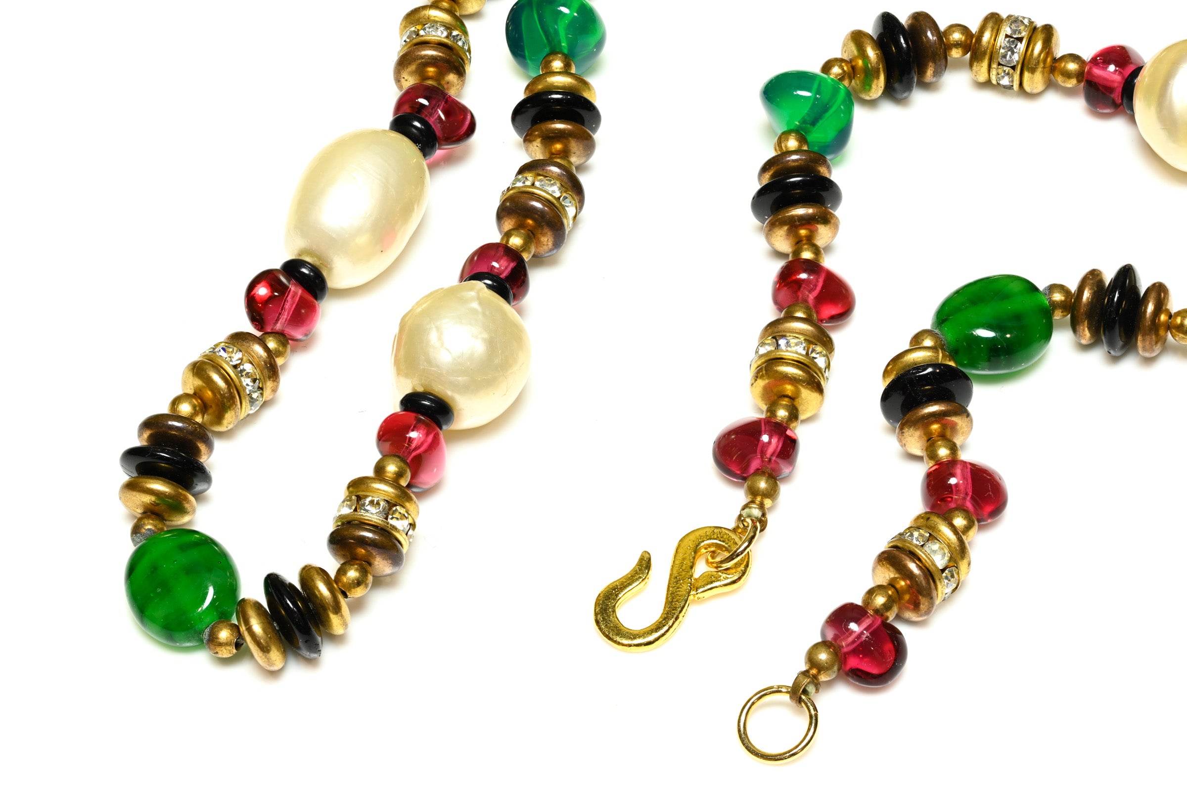 Vintage 1980's French Gripoix Green Red Glass Pearl Sautoir Necklace Clasp