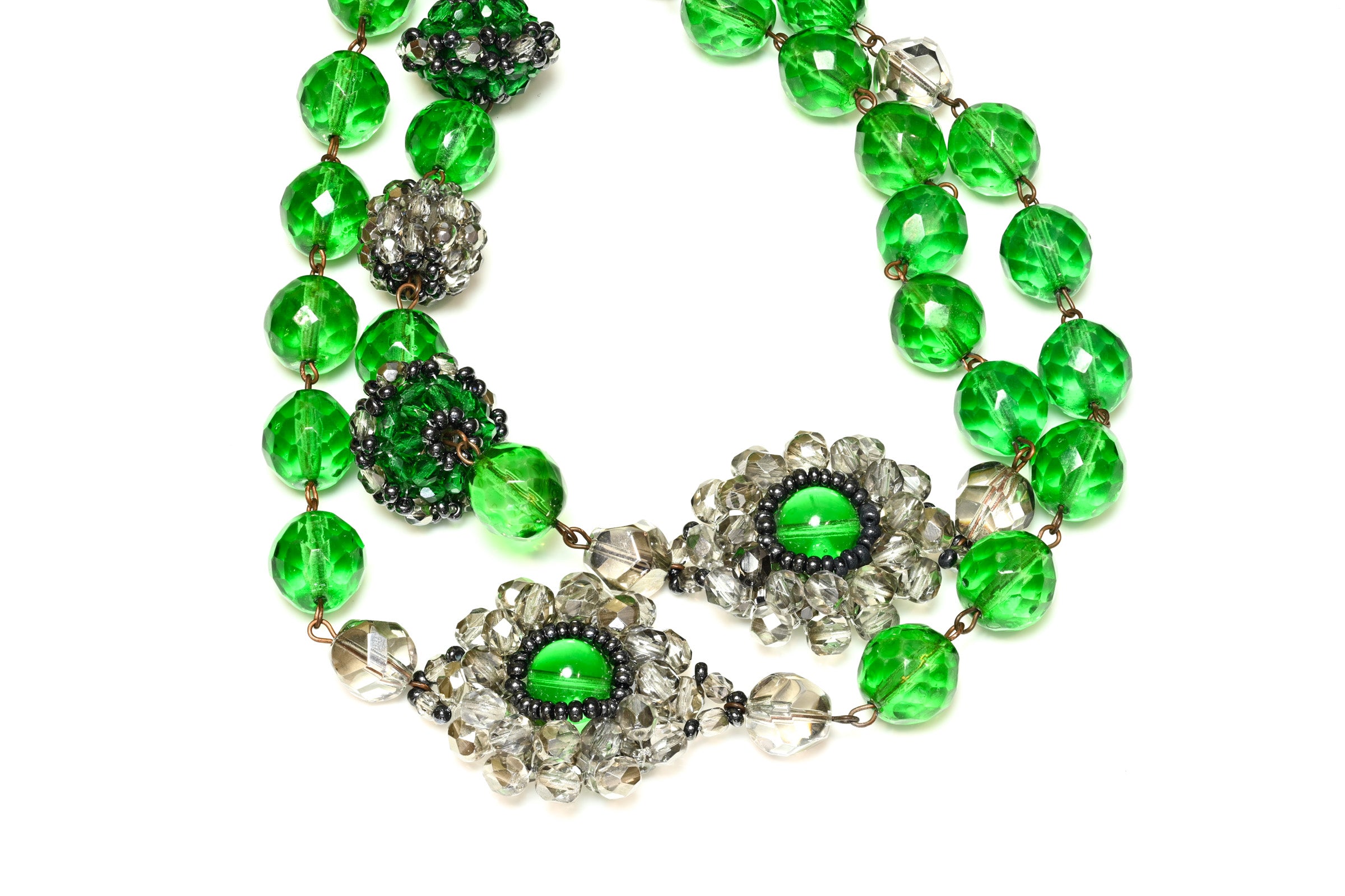 Vintage 1980's Green Crystal Glass Beads Sautoir Necklace 1