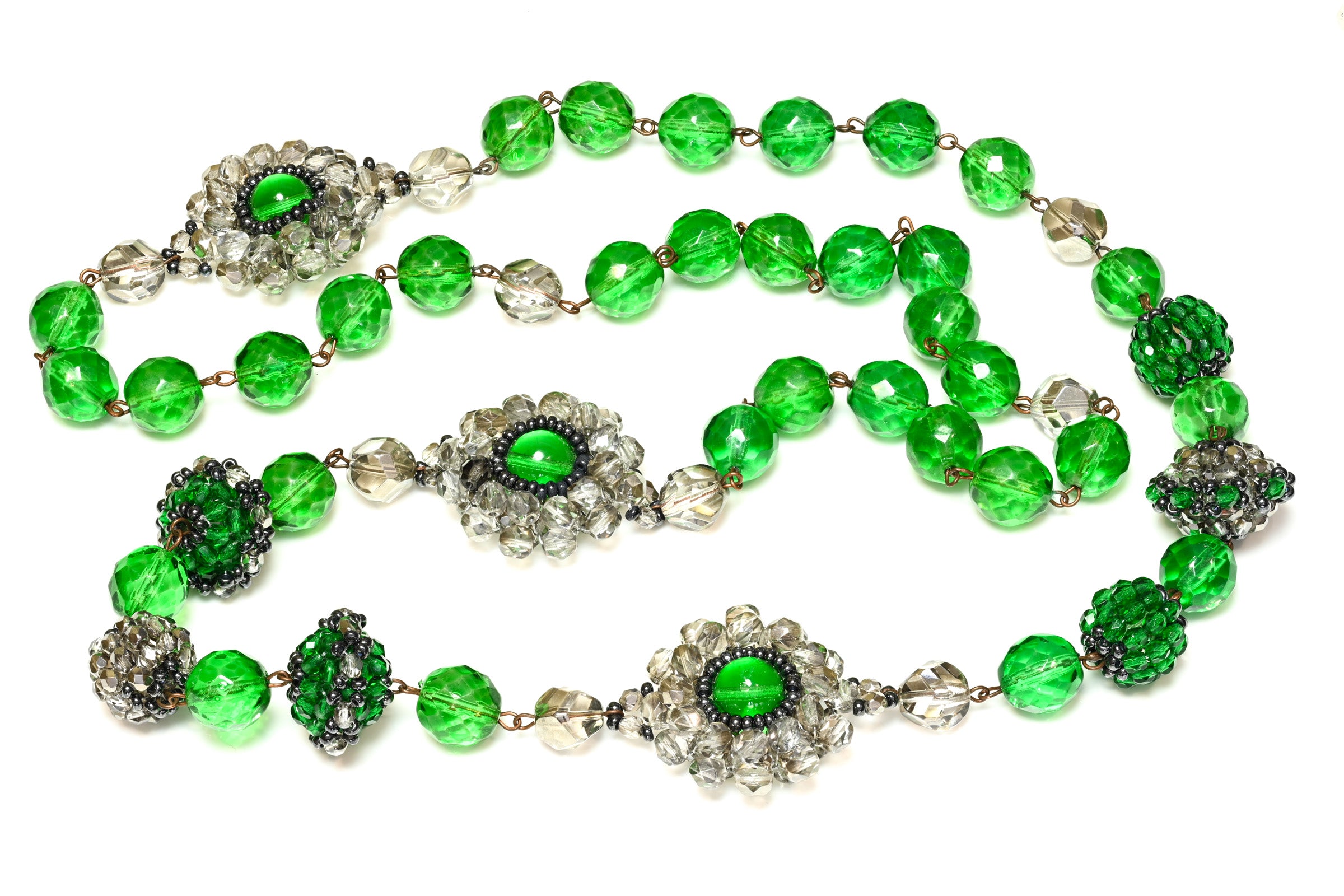 Vintage 1980's Green Crystal Glass Beads Sautoir Necklace 2