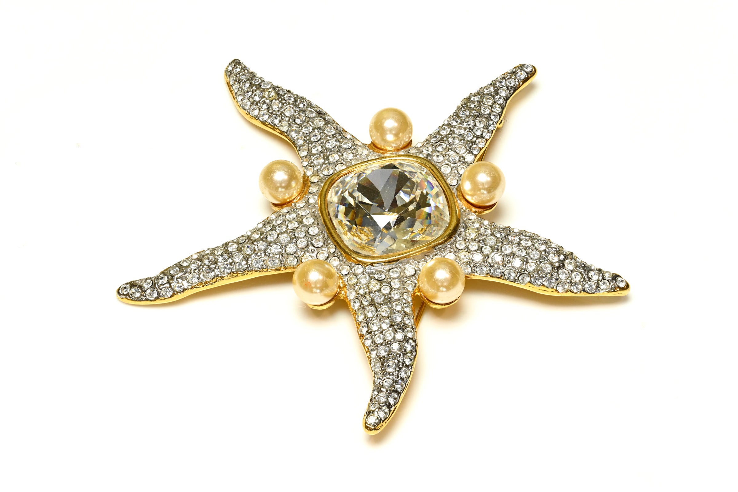 Vintage 1980's Valentino Garavani Starfish Pearl Crystal Brooch Set