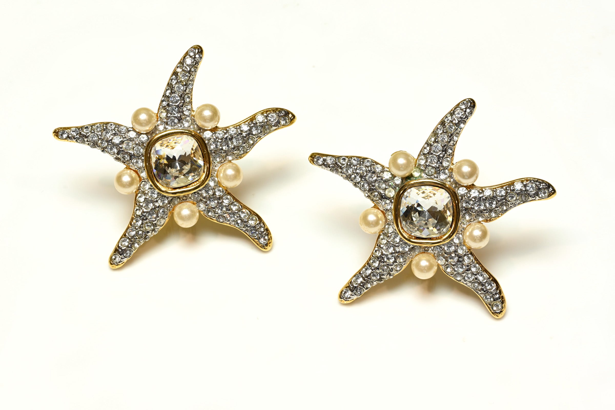Vintage 1980's Valentino Garavani Starfish Pearl Crystal Earrings Set