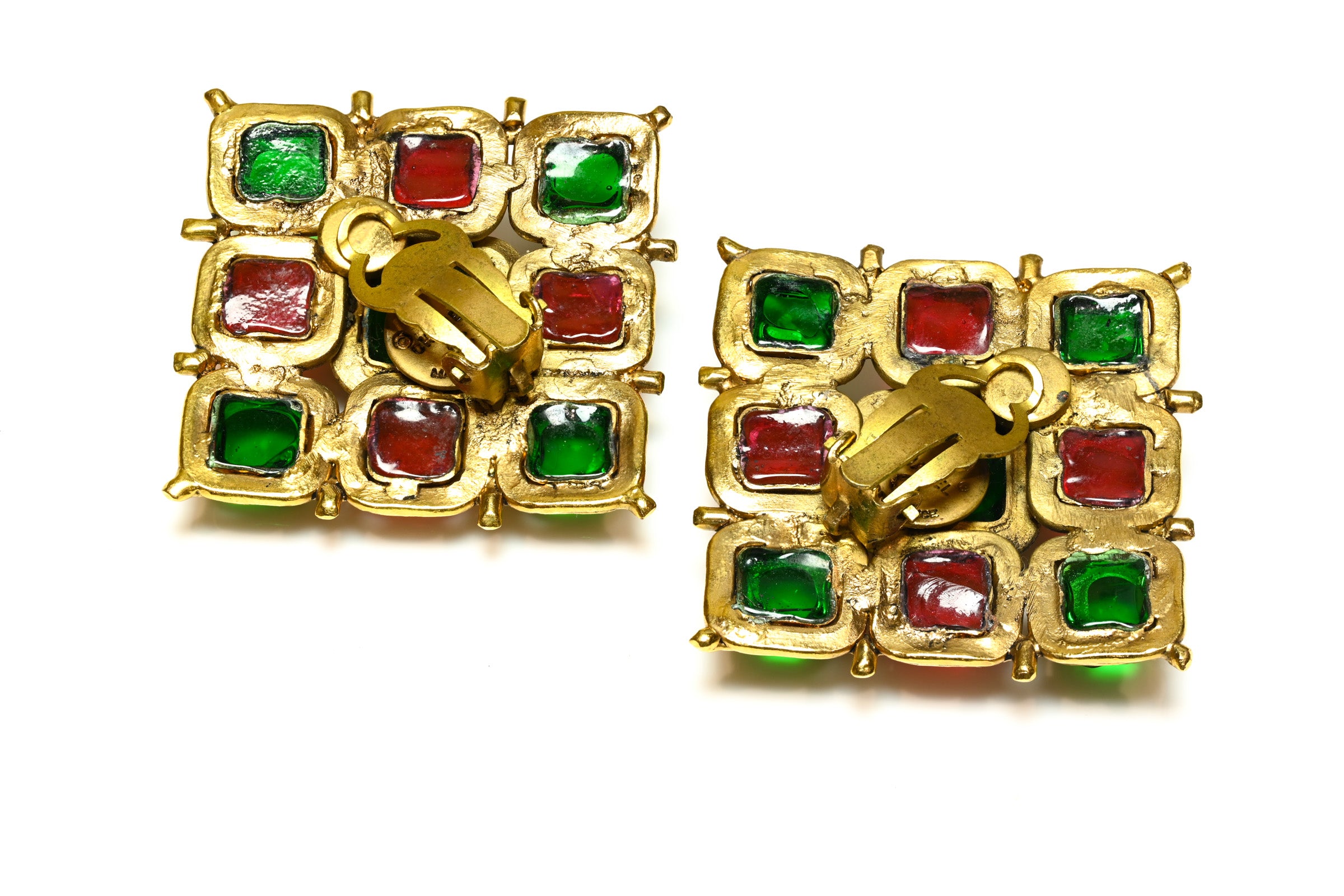 Vintage 1990's Chanel Paris Maison Gripoix Red Green Glass Earrings 2