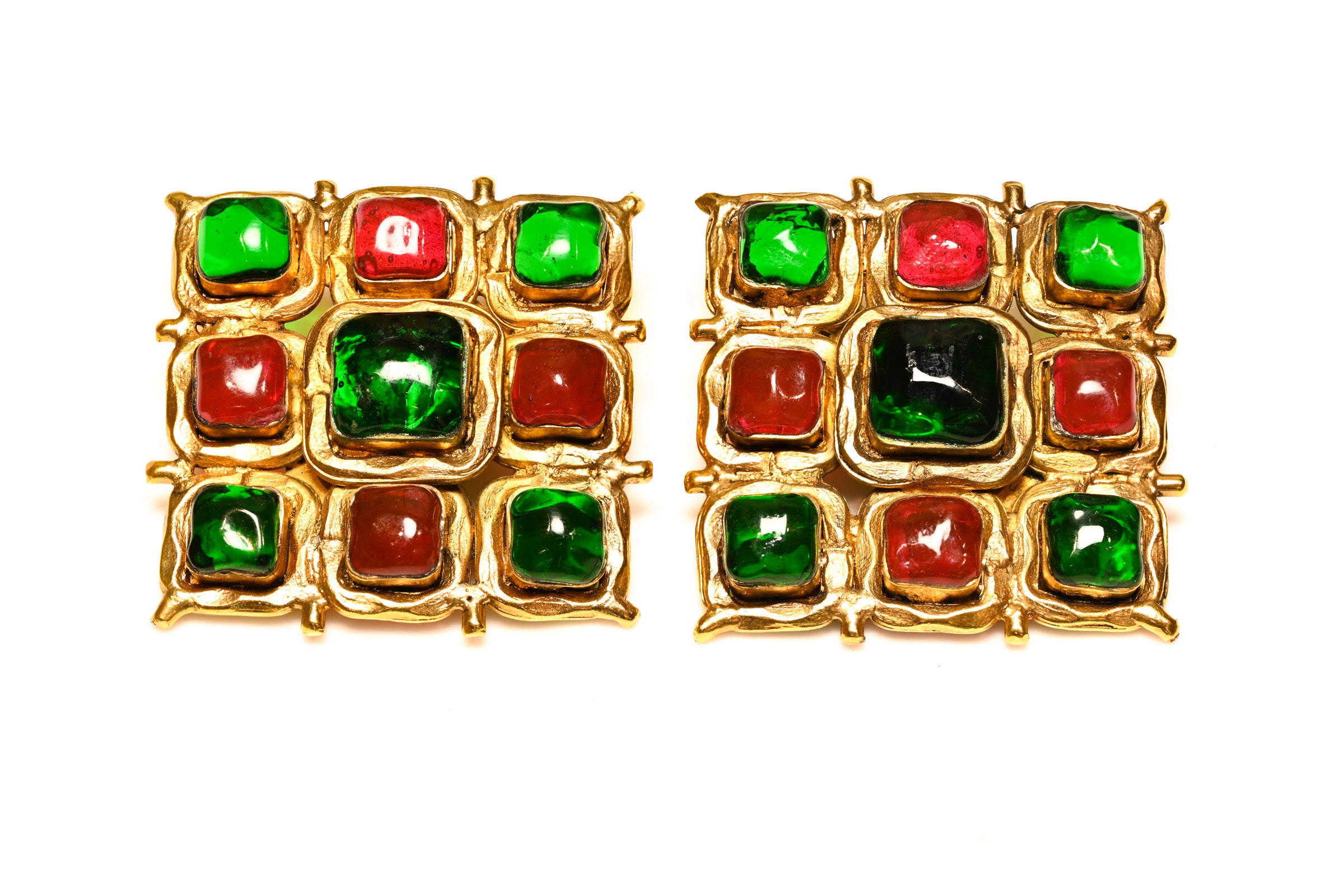 Vintage 1990's Chanel Paris Maison Gripoix Red Green Glass Earrings 3