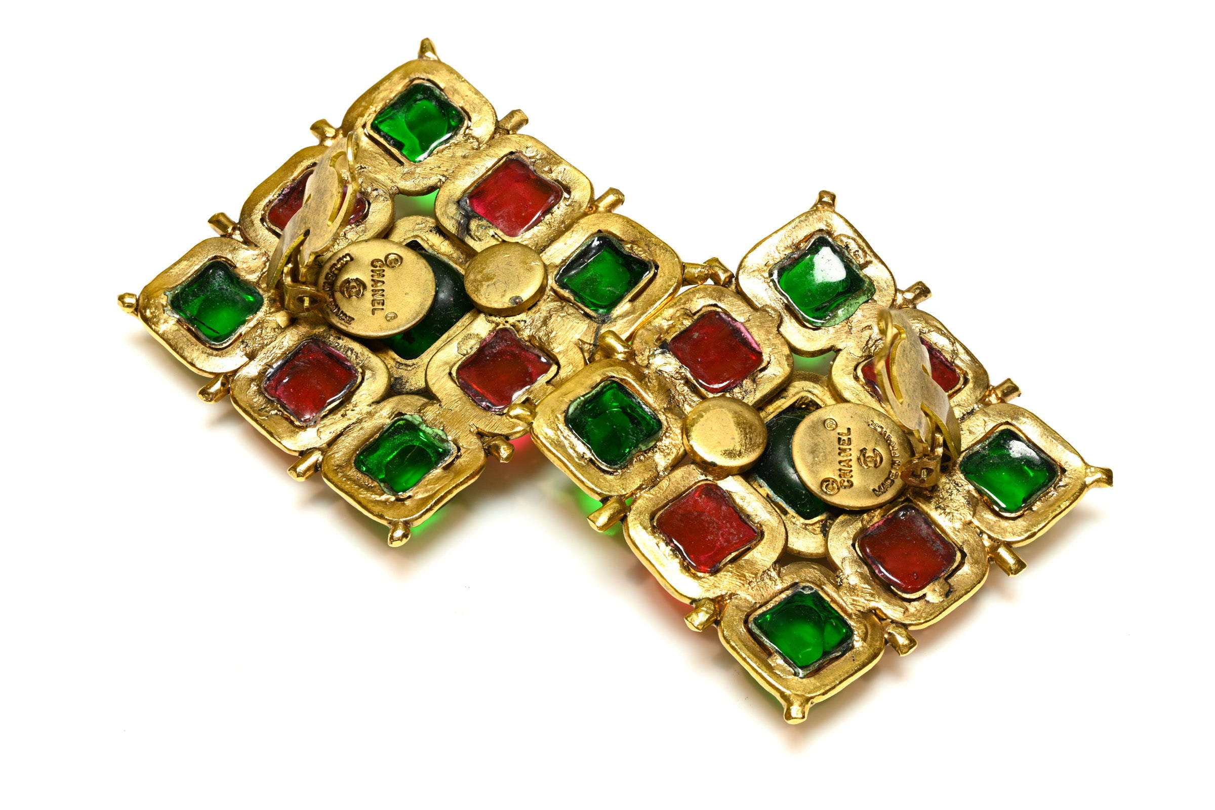 Vintage 1990's Chanel Paris Maison Gripoix Red Green Glass Earrings signature
