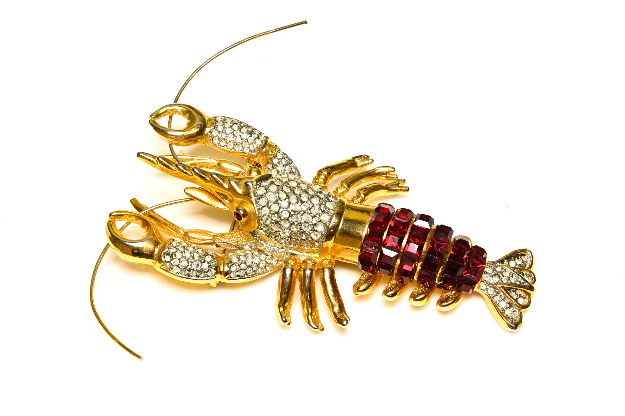 Vintage 1990's Gold Plated Red Crystal Lobster Brooch