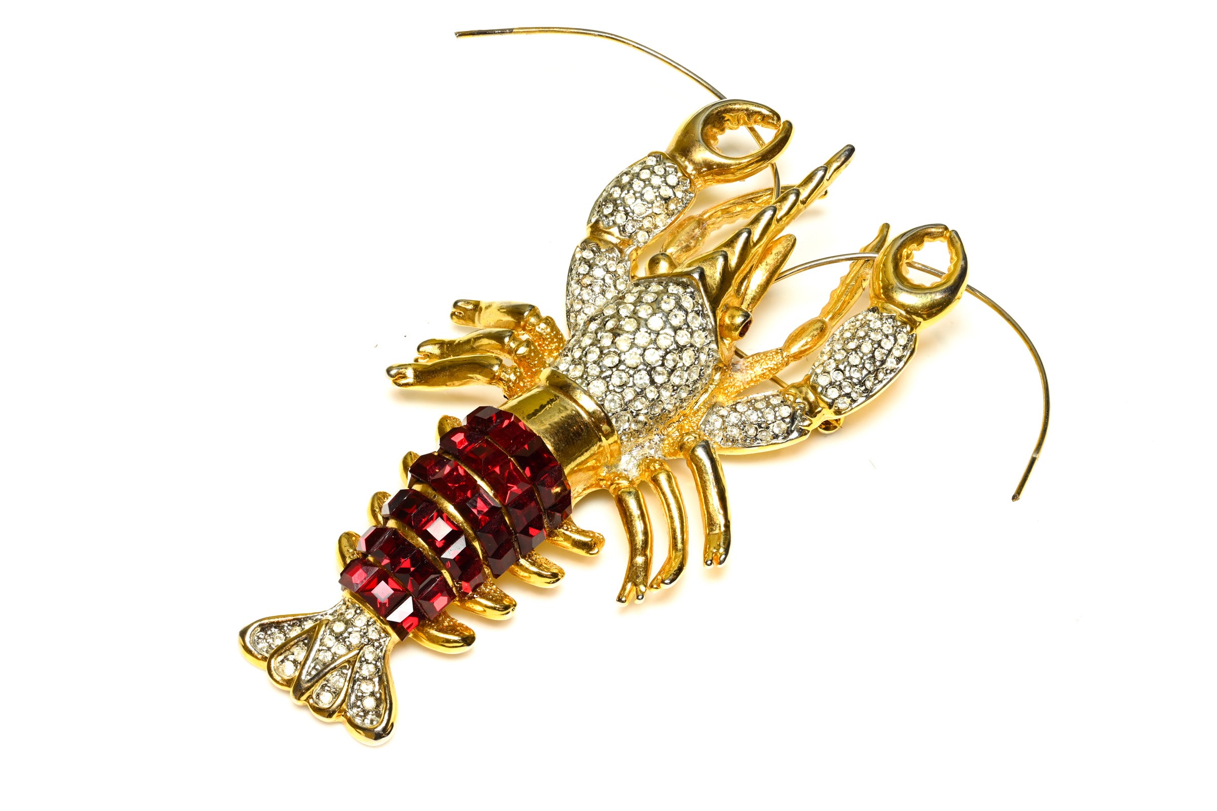 Vintage 1990's Gold Plated Red Crystal Lobster Brooch 1