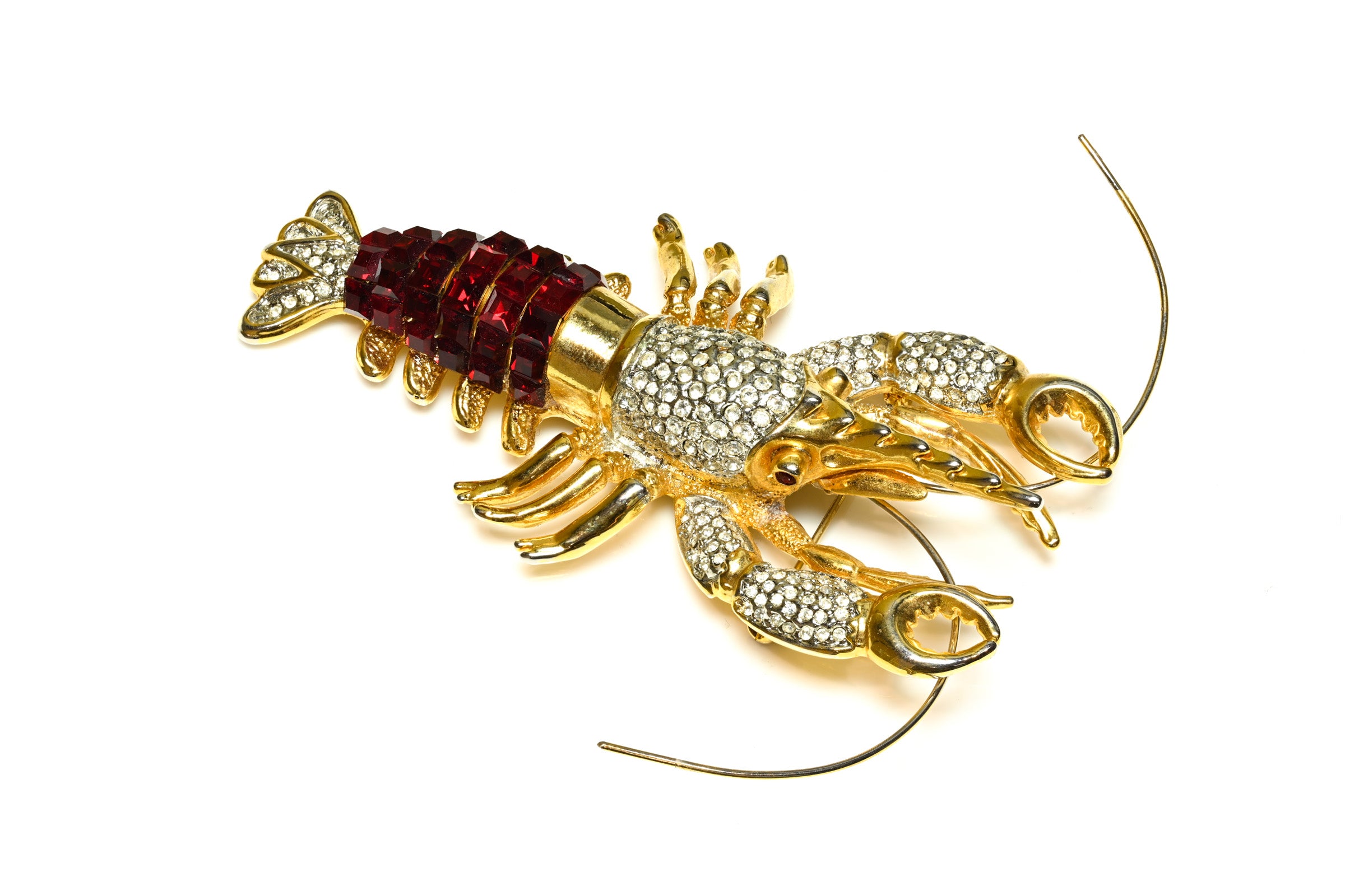Vintage 1990's Gold Plated Red Crystal Lobster Brooch 2