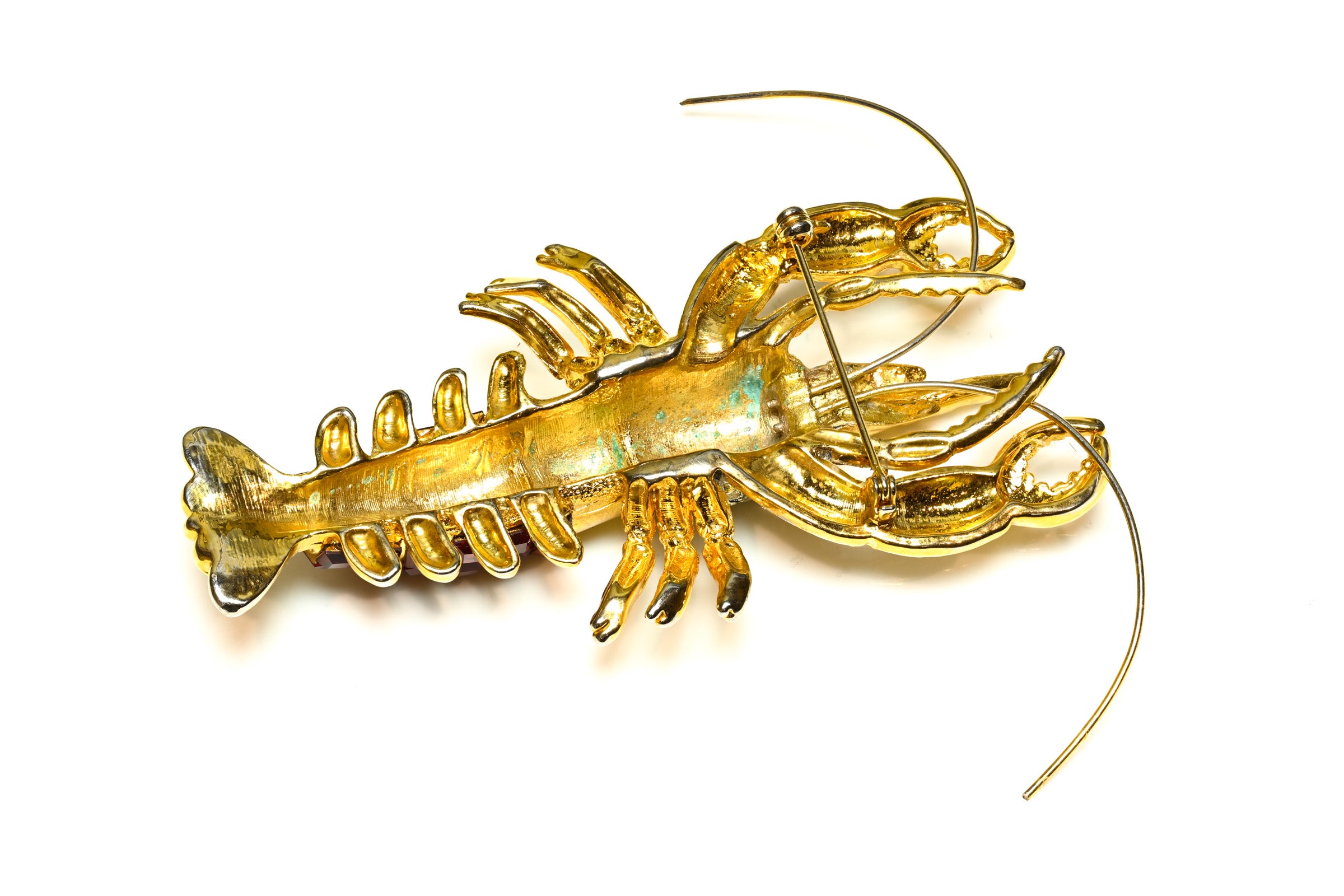 Vintage 1990's Gold Plated Red Crystal Lobster Brooch 3