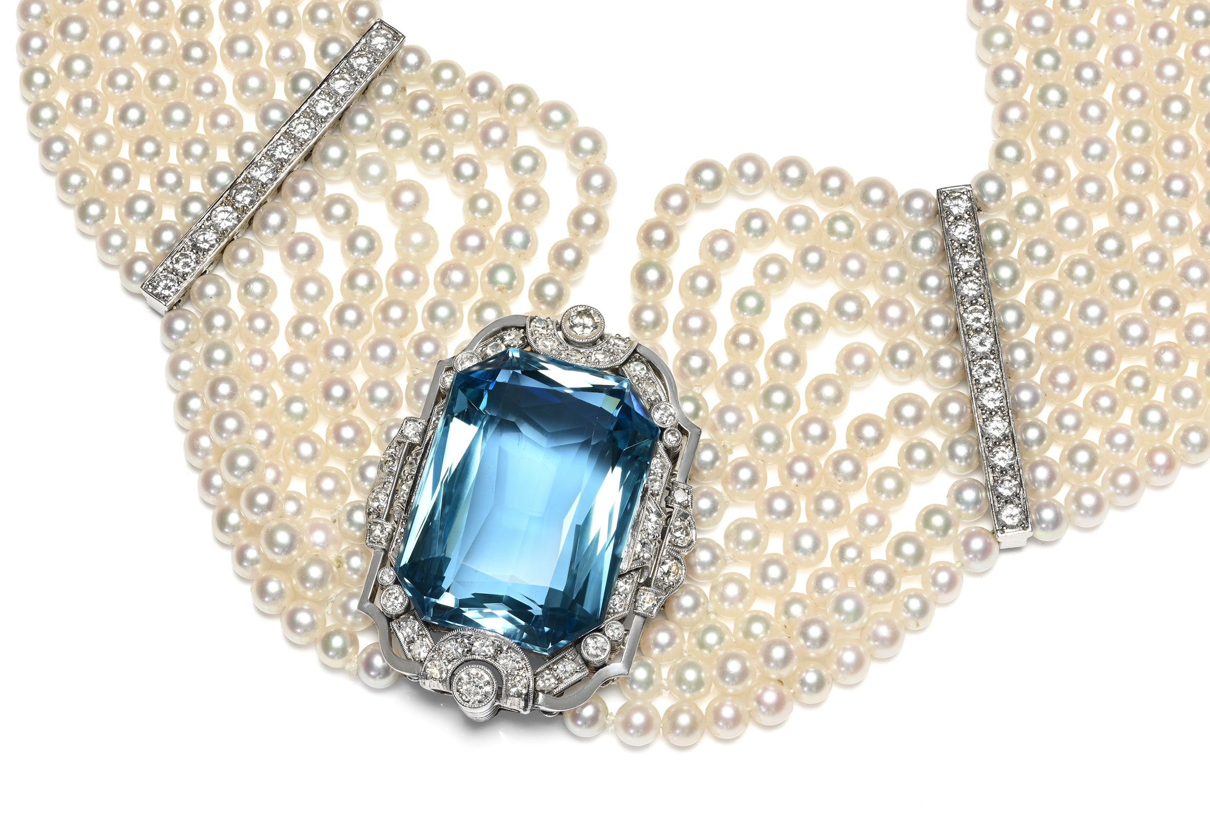 Vintage 47-Carat Aquamarine, Pearl Diamond Choker Necklace